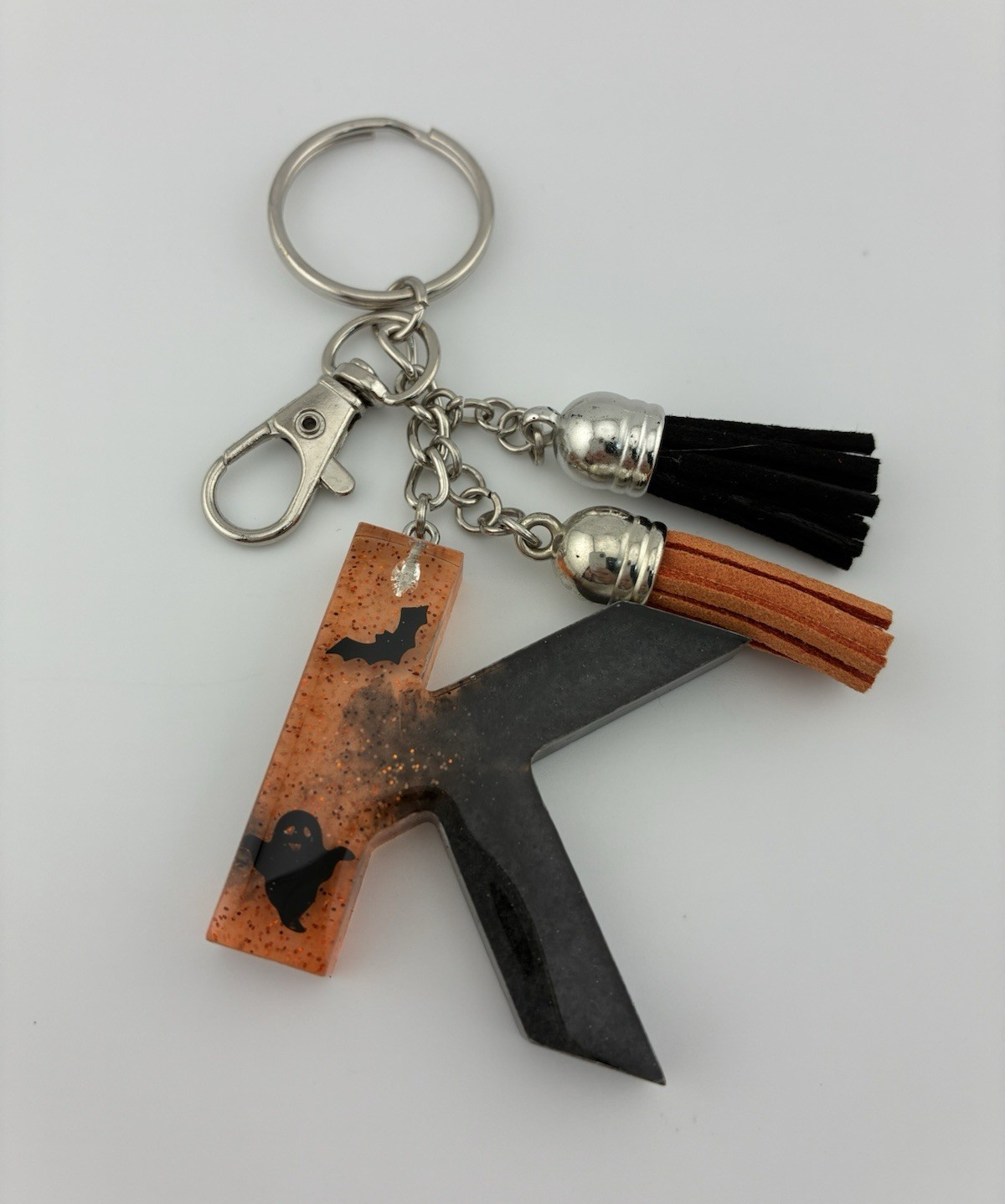 Handmade Halloween Letter K Resin Keychain Black Orange Bat Ghost Tassels New