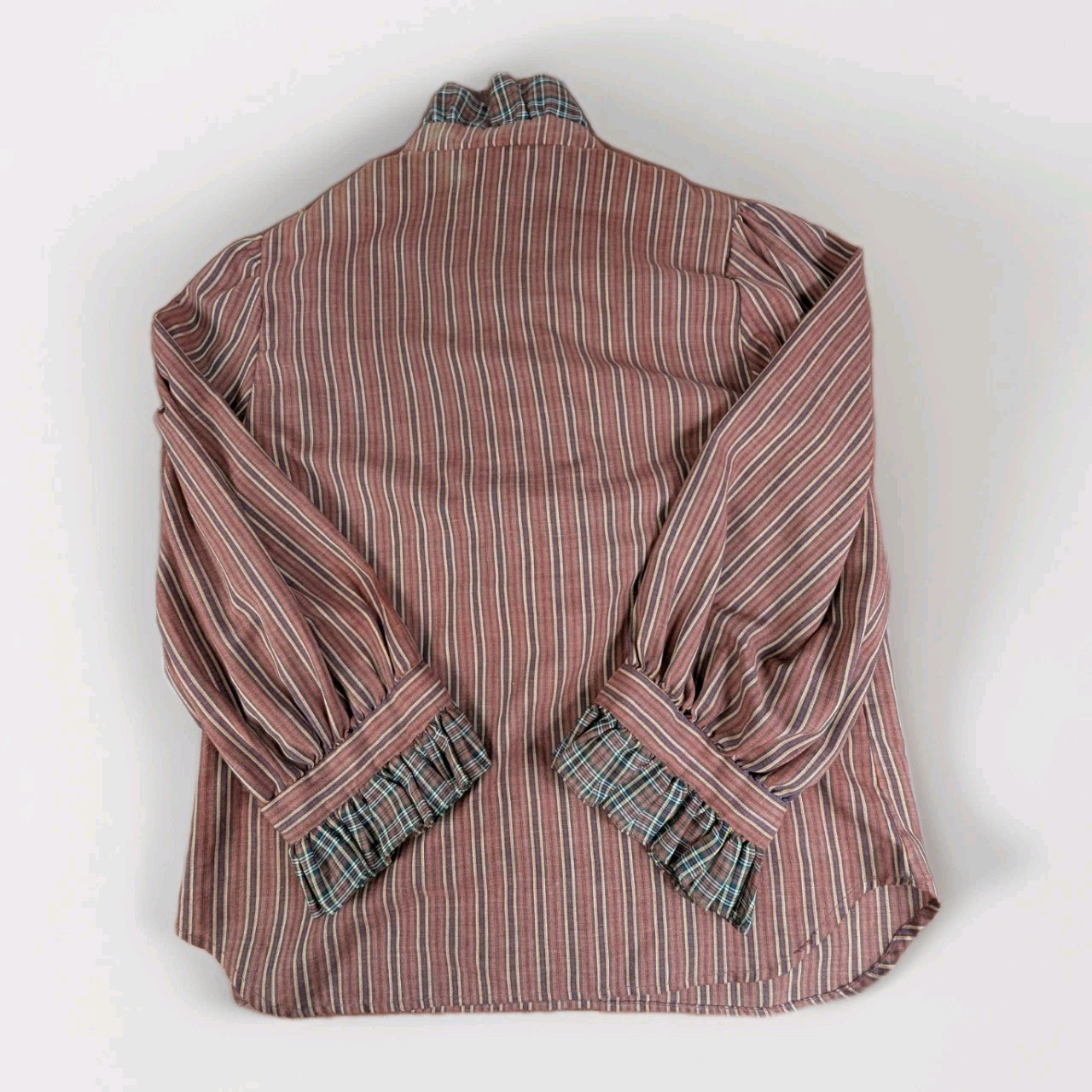 Vintage 70s Stras Teacher Retro Blouse Chic Office Button Fringe Stripes Sz S/M