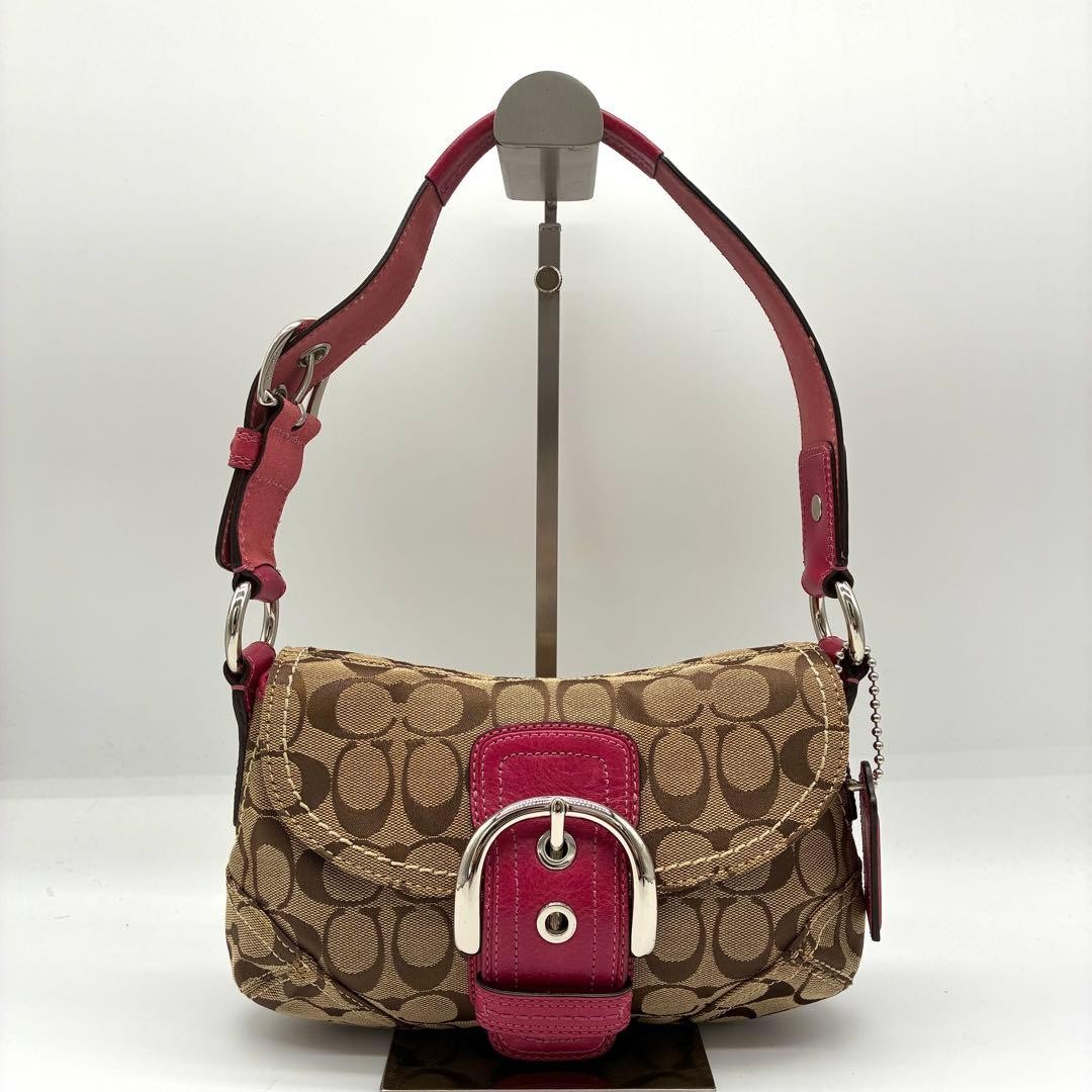 COACH Soho Pink Signature Shoulder Bag Canvas Charm Pre-Owned Used 25x14x6 cm