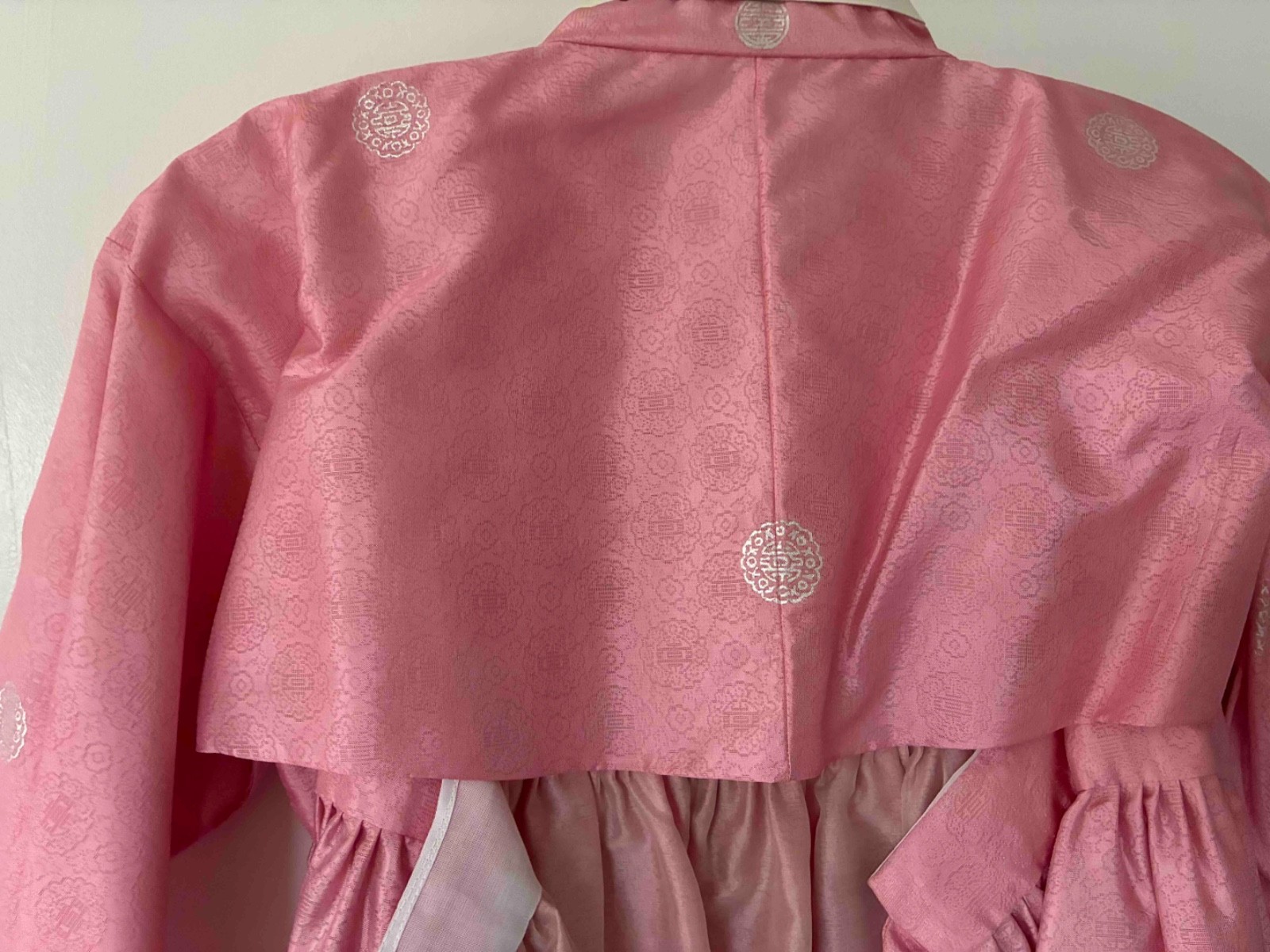 Vintage authentic Korean hanbok dress, pink with metallic silver, small