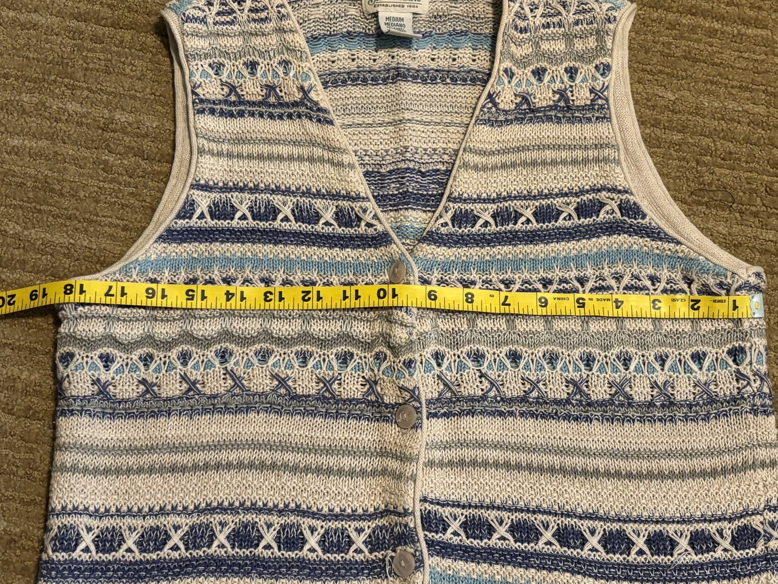 St. Johns Bay Vest M texture knit ramie and cotton natural fiber blue white