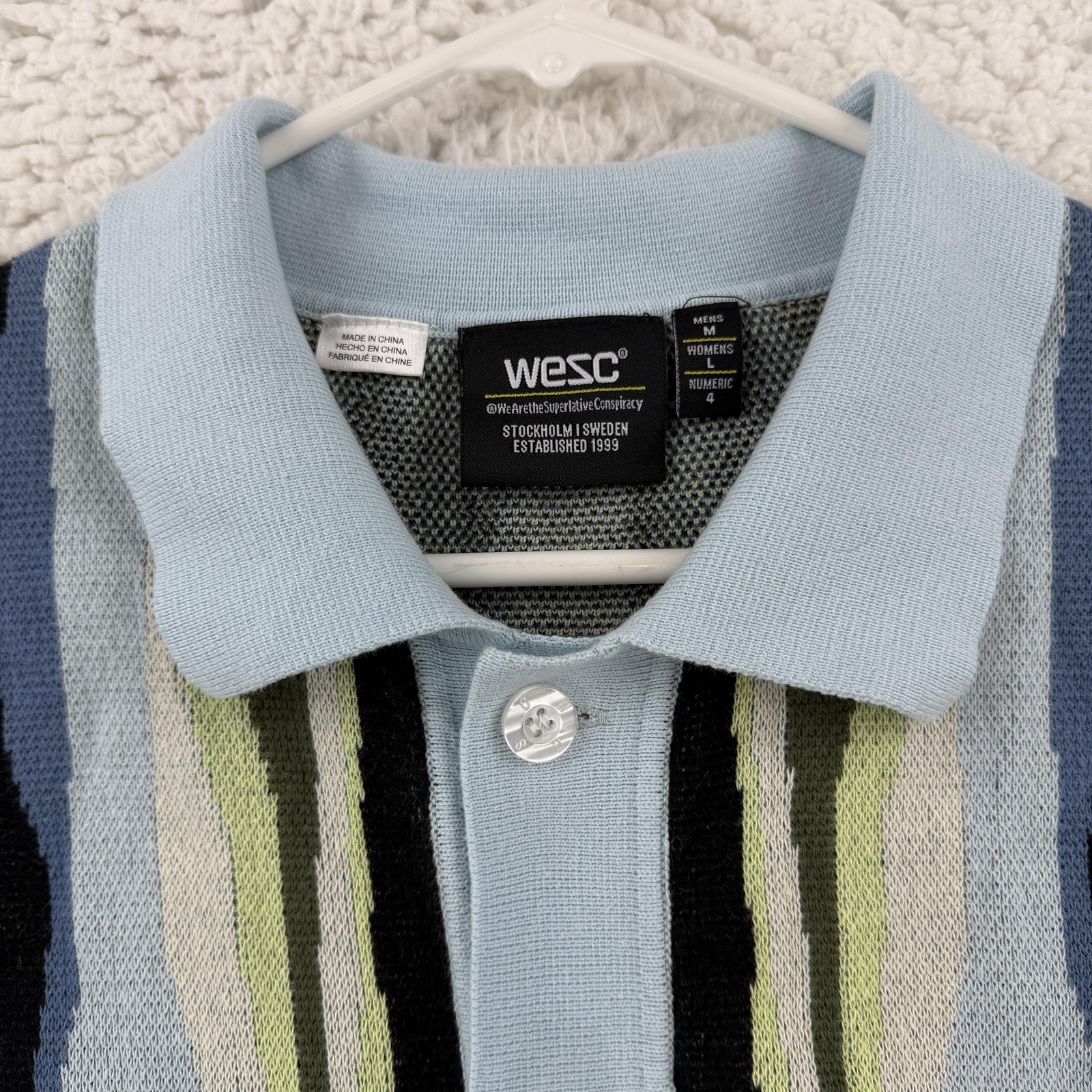 WeSC Sweater Mens Medium Blue Striped Button Cardigan Knit Polo Retro Y2K
