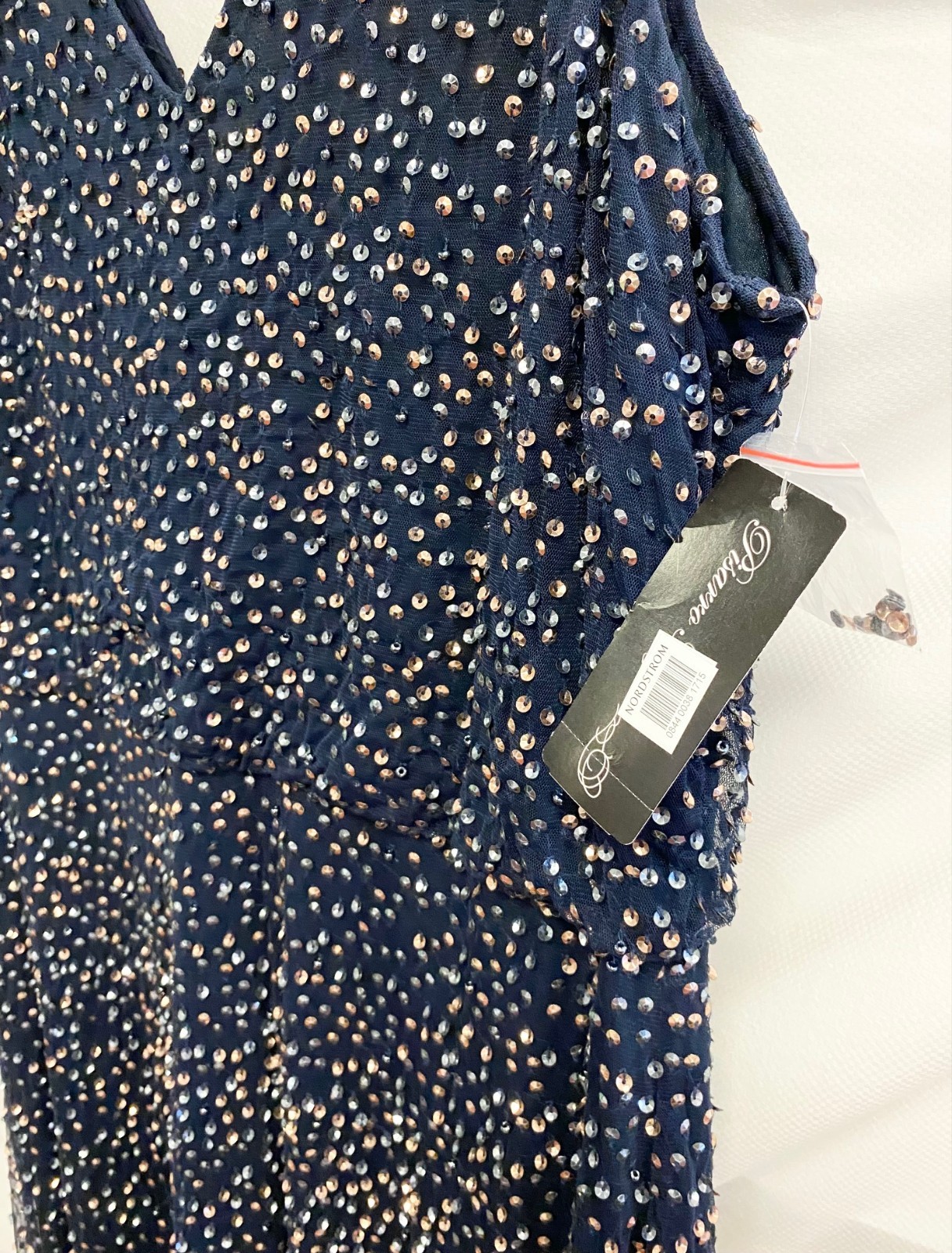 PISARRO NIGHTS Navy Copper Sequin Beaded Double V-Neck A-Line Maxi Gown Dress 14