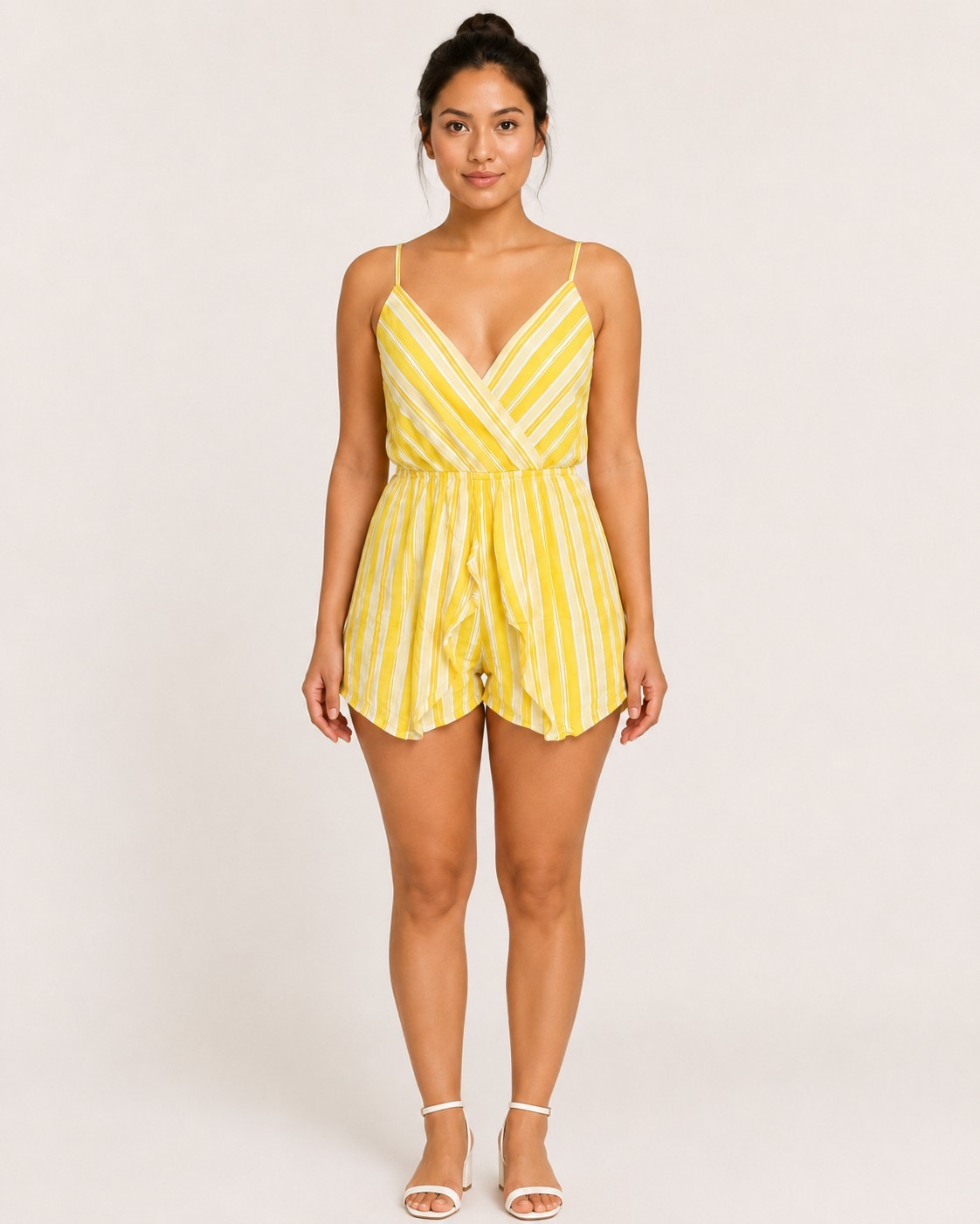 Charlotte Russe Women’s Yellow/White Striped V-Neck Sleeveless Romper, M