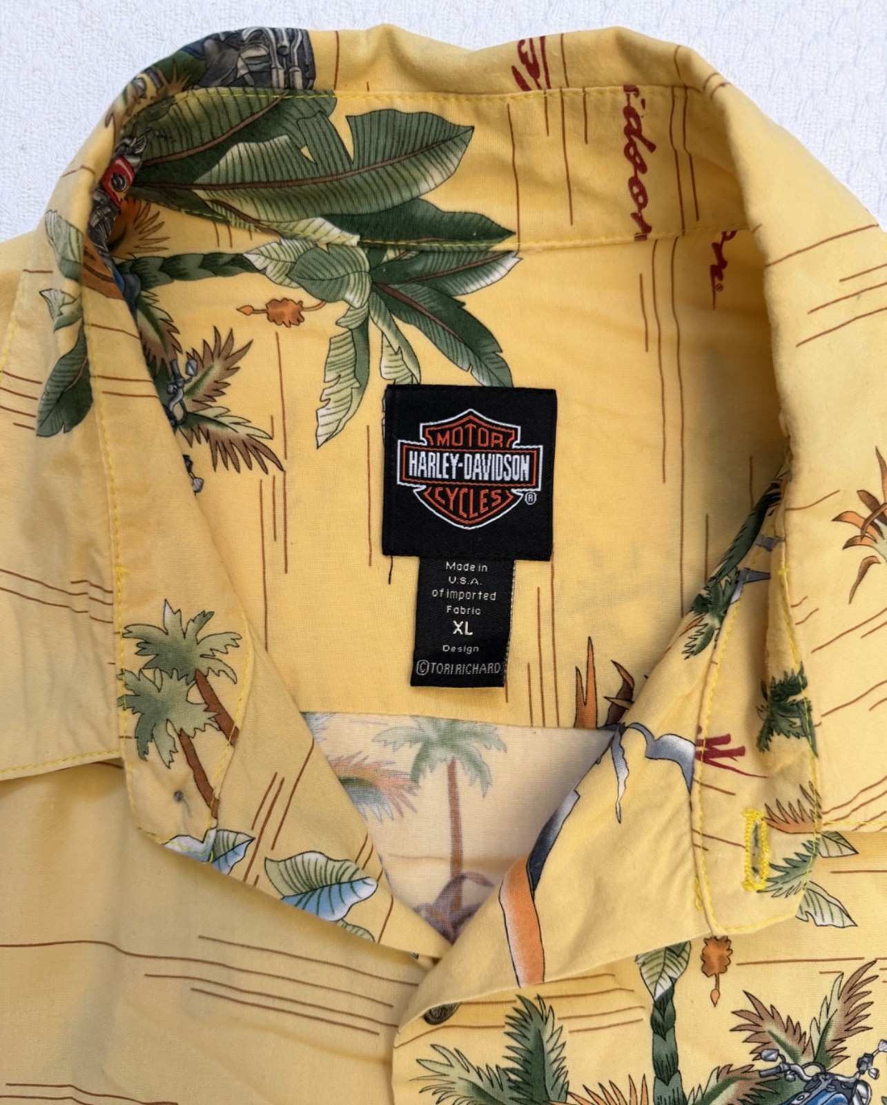 Harley Davidson Tori Richard Hawaiian Shirt Mens Yellow Motorcycle Print XL