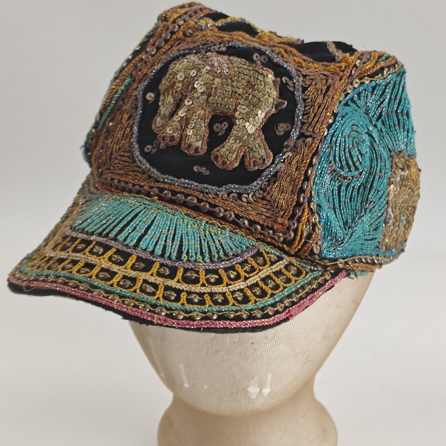 Vintage Sequined Hand Stitched Elephant Hat Made In Myanmar Burma