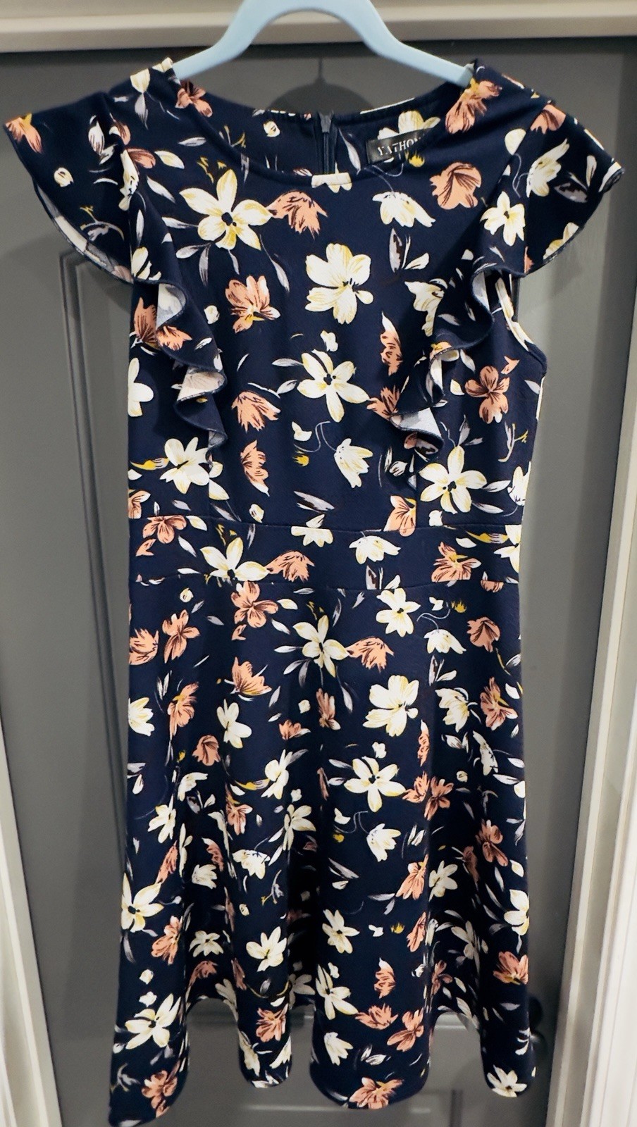 Yathon Navy Floral Ruffle Flutter Sleeve A-Line Knee Length Round Neck Dress