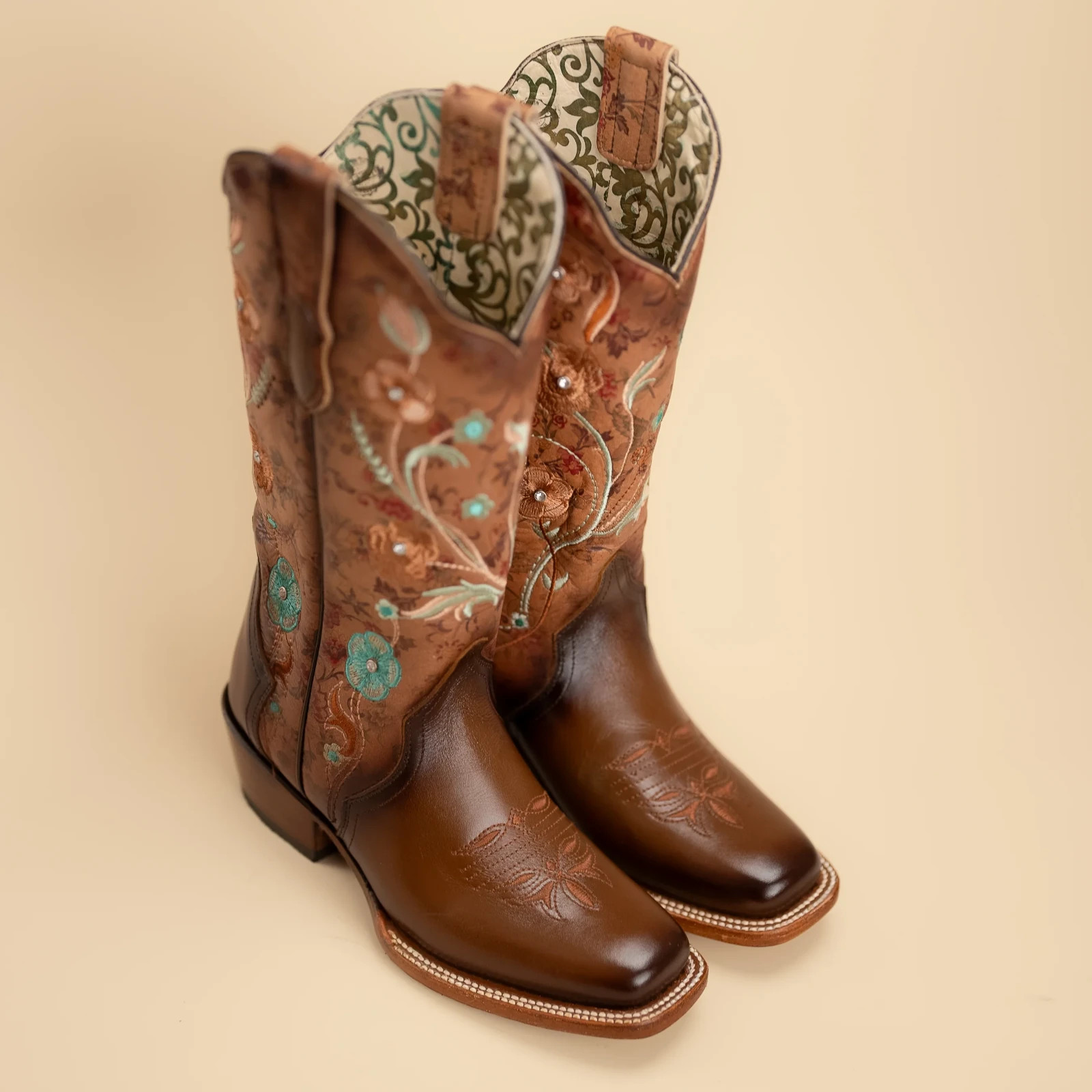 Women’s Rodeo Espresso Brown Turquoise Floral Embroidery Western Cowgirl Boots