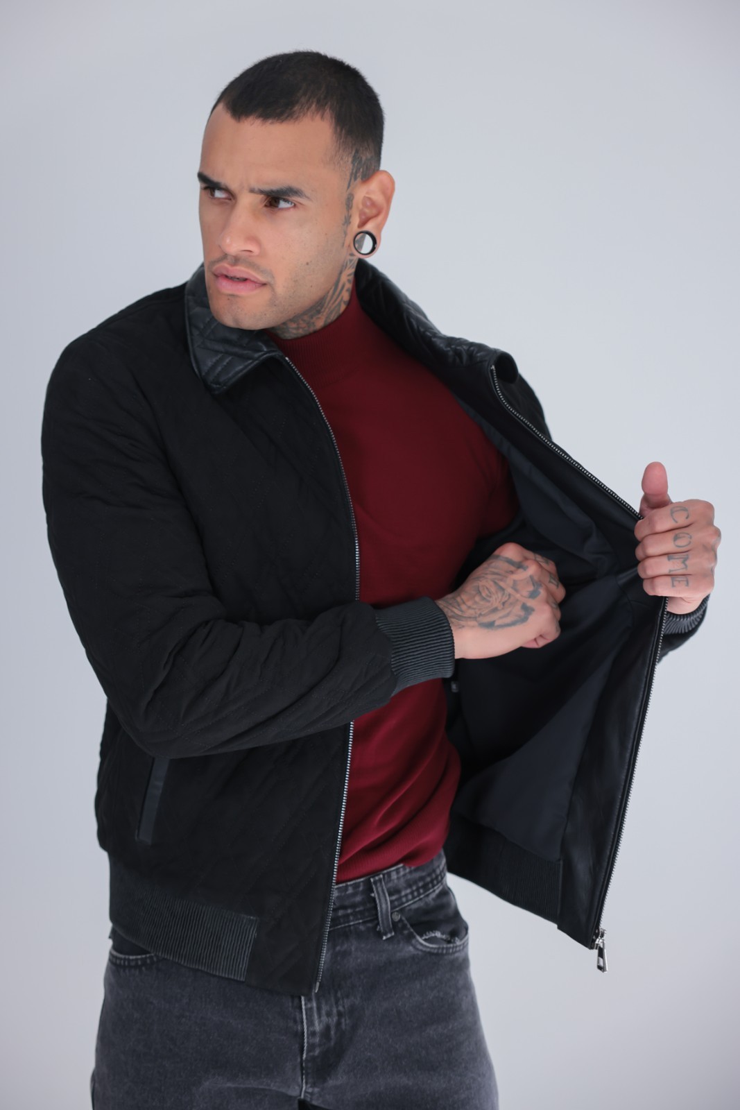 Men’s Genuine Suede Leather Bomber Jacket Black Rib Knit Zip 26″ – 65cm