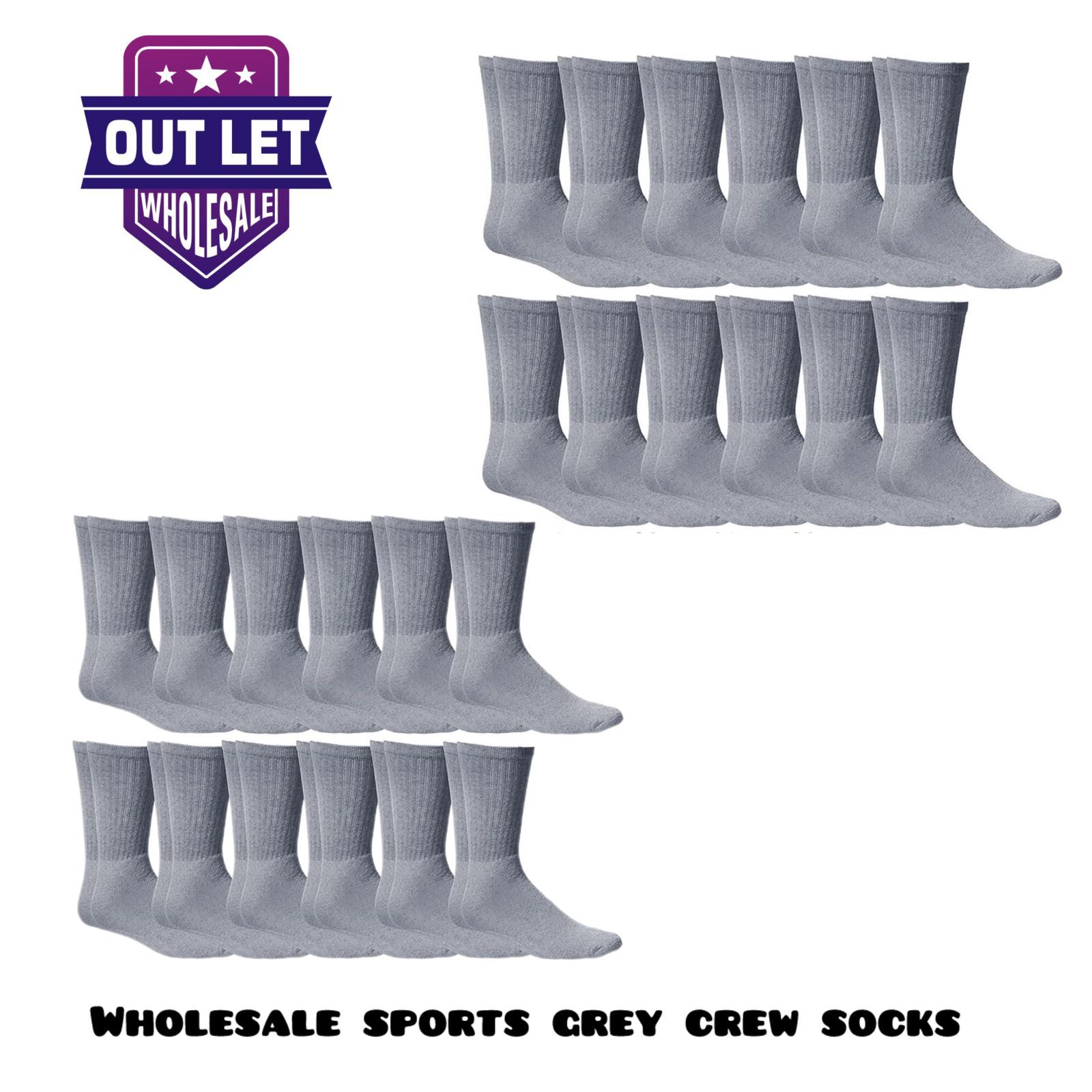 60 Pairs Wholesale Bulk Lots Socks Solid Grey Sport Cotton Crew Socks 9-11 10-13