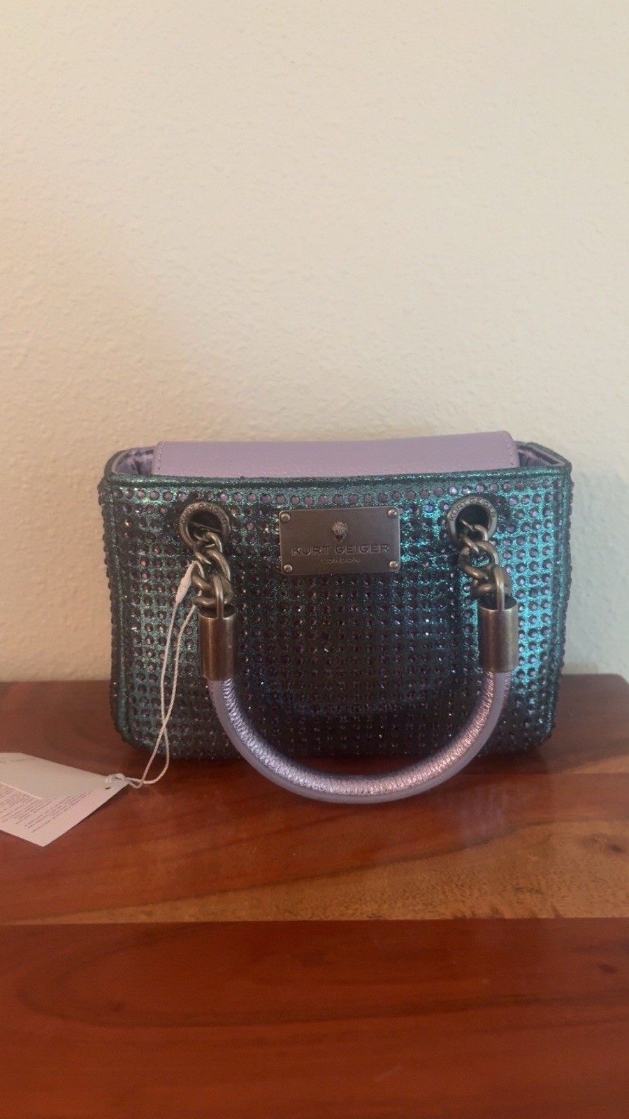 Kurt Geiger London Green/Purple Crystal Top Handle Satchel Push Lock Strap