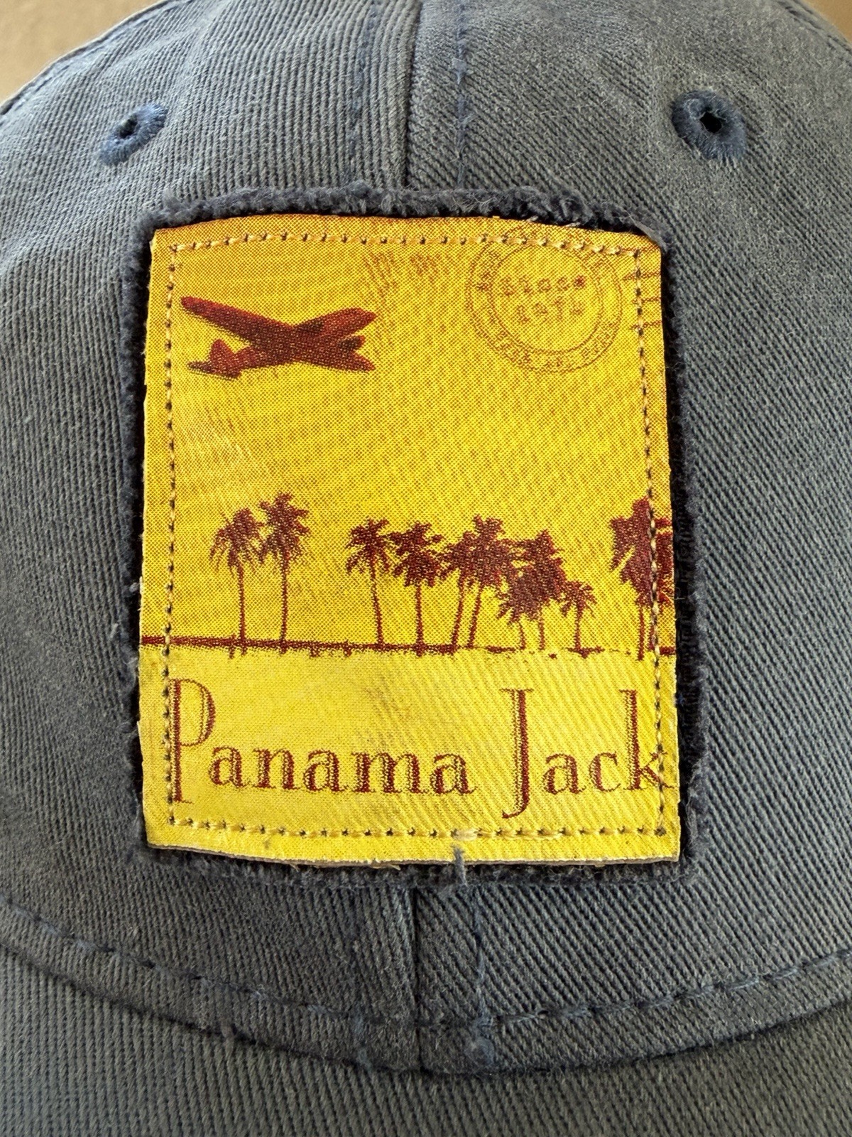 Vintage Panama Jack Blue Tan Strapback Hat Cap Hook Loop Closure Cotton OS
