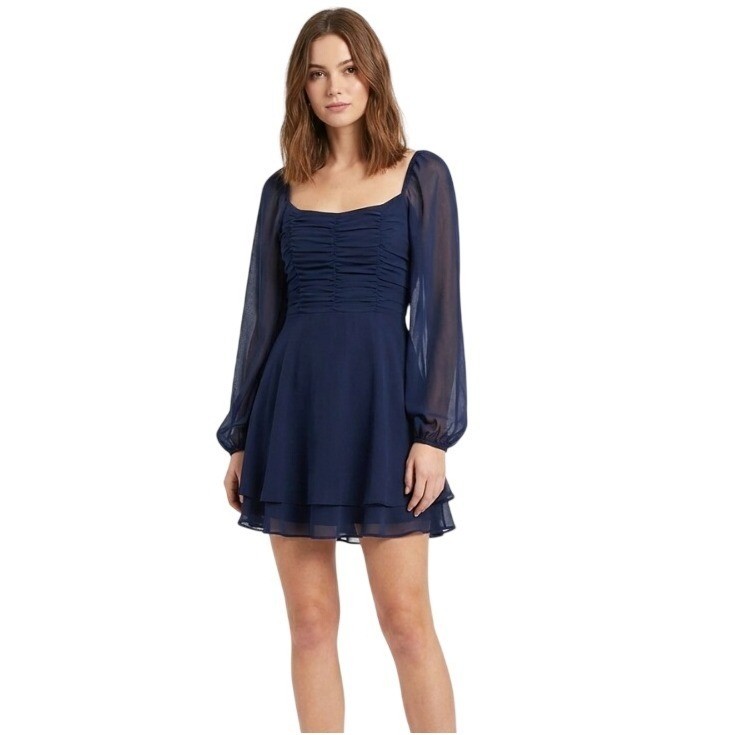Altar’d State Dress Women Medium Navy Blue Smocked Square Neck Chiffon Mini Boho