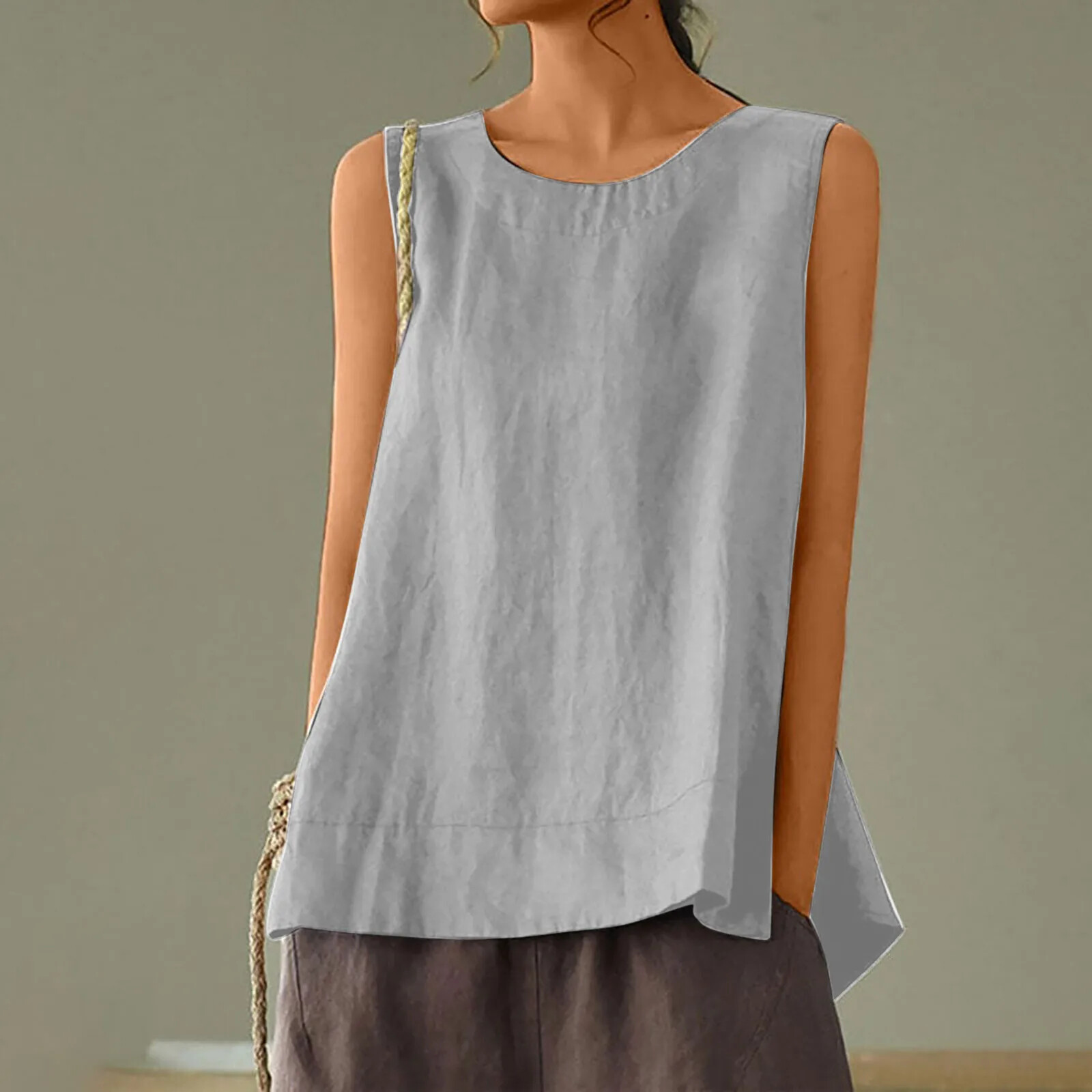 Solid Color Casual Cotton Linen Sleeveless Round Neck Soft and Breathable Top