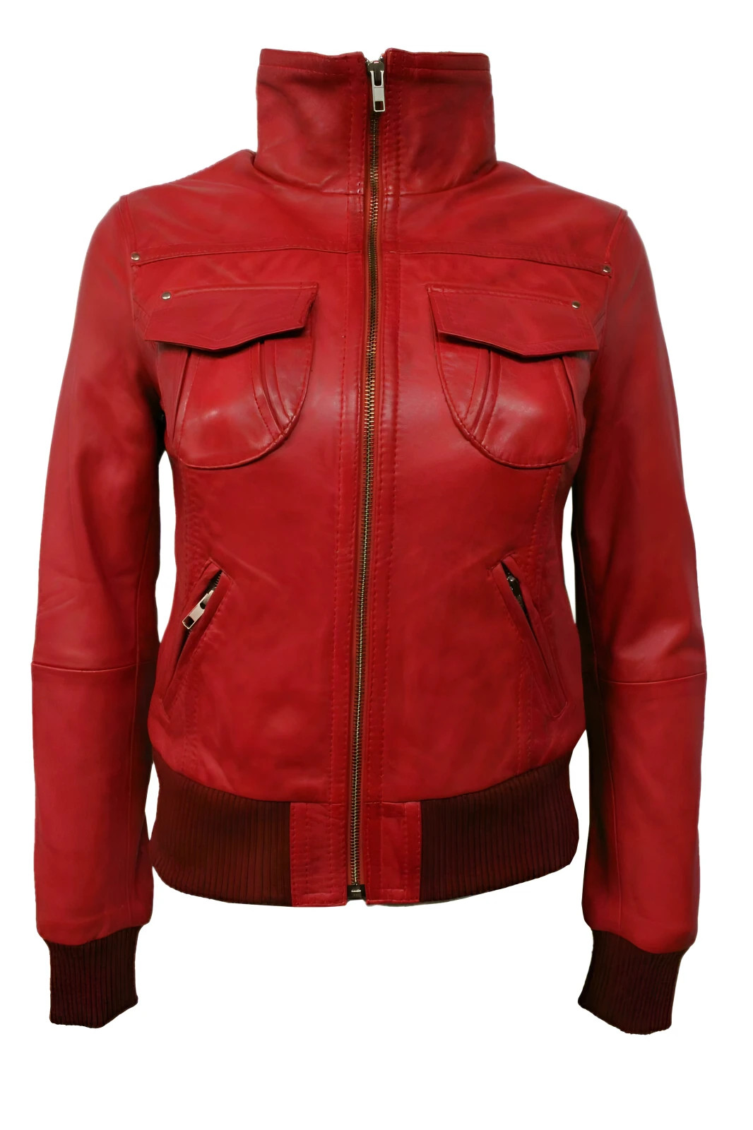 Women Red Genuine Sheepskin Leather Jacket Slim Fit Bomber Real Biker Coat