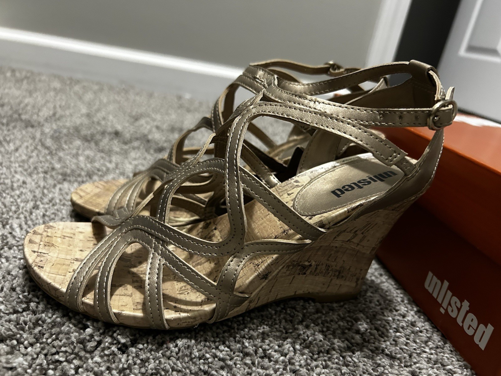 Unlisted Take The Bet Wedge Sandals Women’s 9M Champagne Cork Heel Strappy