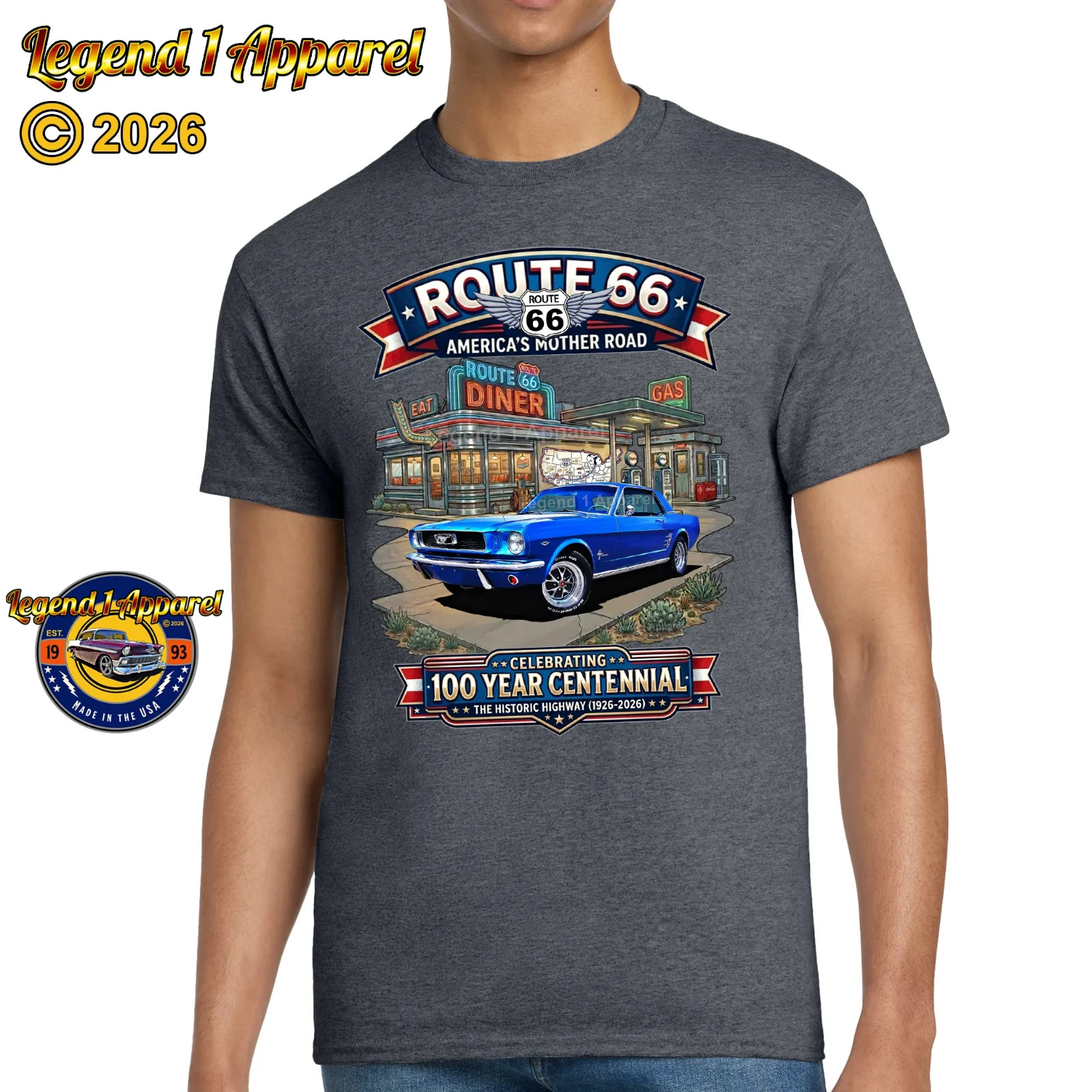 Route 66 100 Year Centennial, 1966 Mustang Custom T-Shirt
