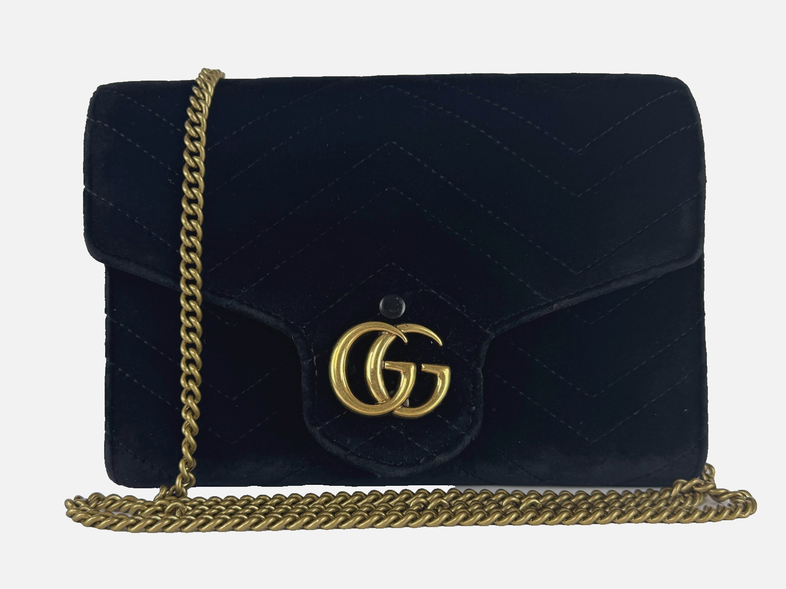 Gucci Auth Black Velvet Leather GG Marmont Mini Chain Strap Bag Wallet Crossbody