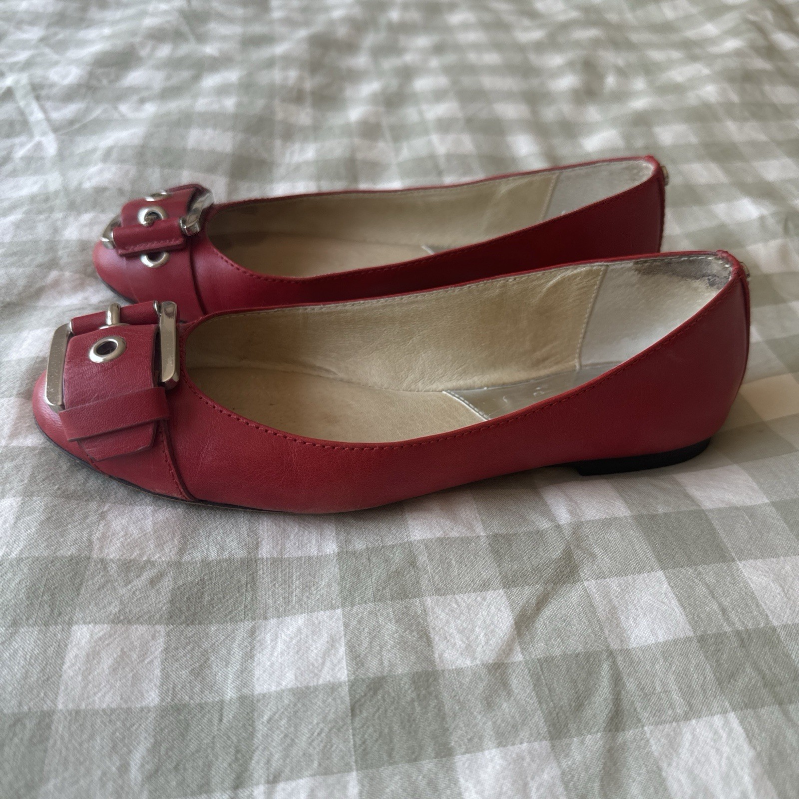 Michael Kors Red Leather Ballet Flats Slip On Buckle Logo Accents Women 7