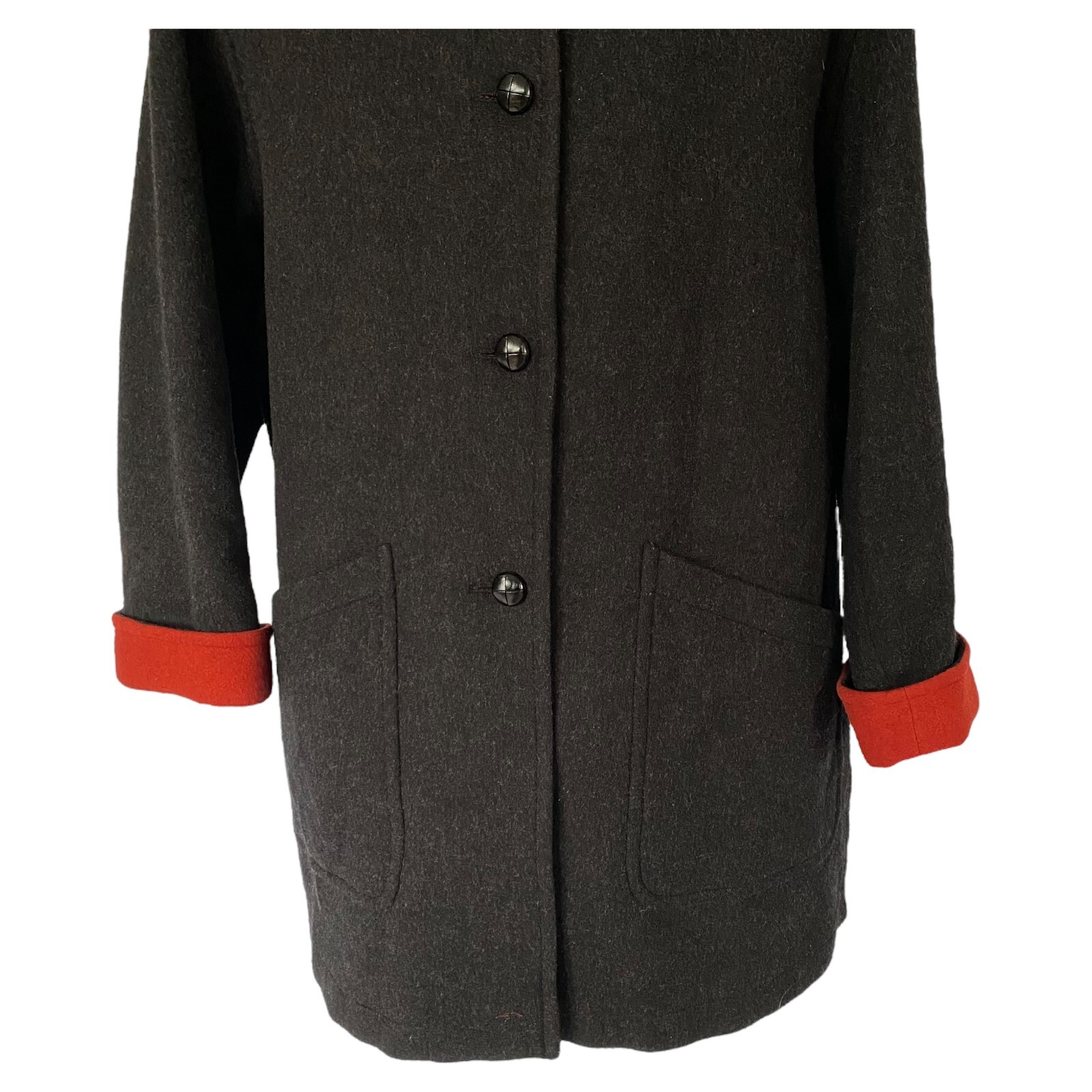 LODENFREY Hooded Coat Black Charcoal Virgin Wool Red Trim Ladies UK 18 D/A 44