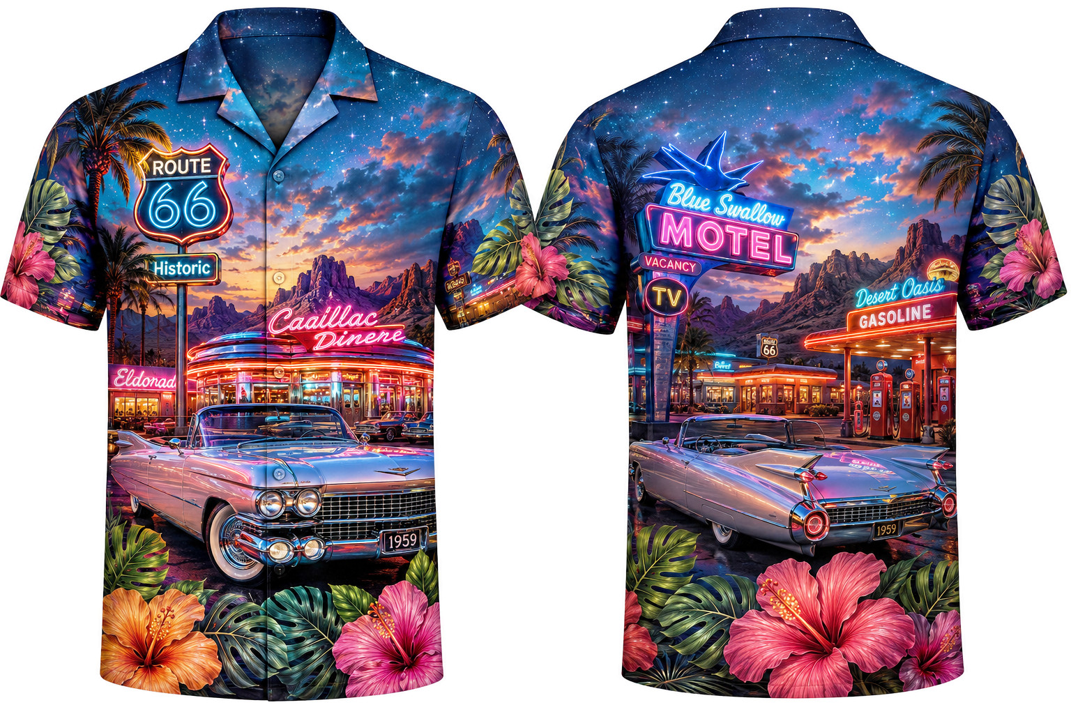Route 66 Hawaiian Shirt Retro Neon Cadillac Diner Tropical 3D Aloha All Over