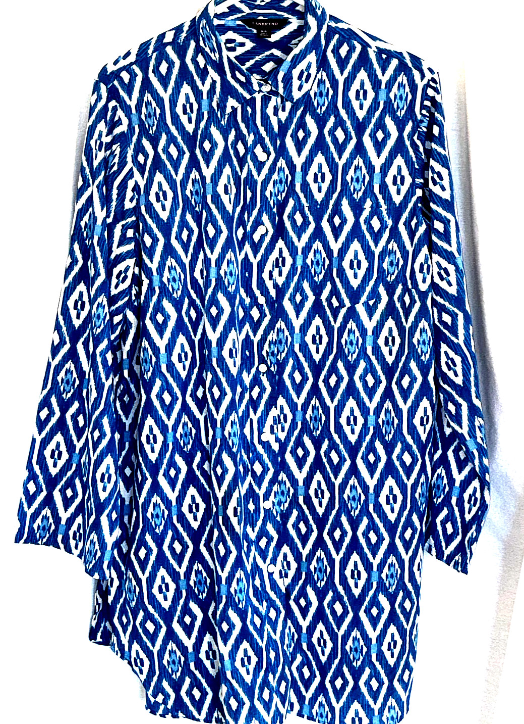 TEAL Lands End Tunic Blouse /Dress, Button Front Collar, Lg Slve, IKAT Print Med