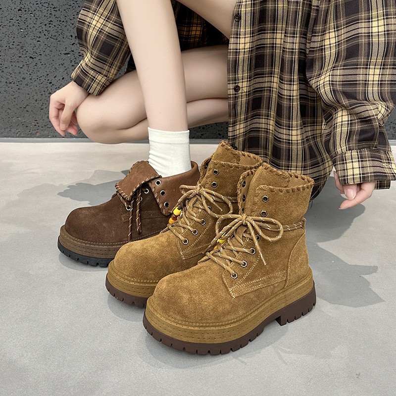 Real Leather Suede Ankle Boots Womens Platform British Thick Soled Casual Shoes