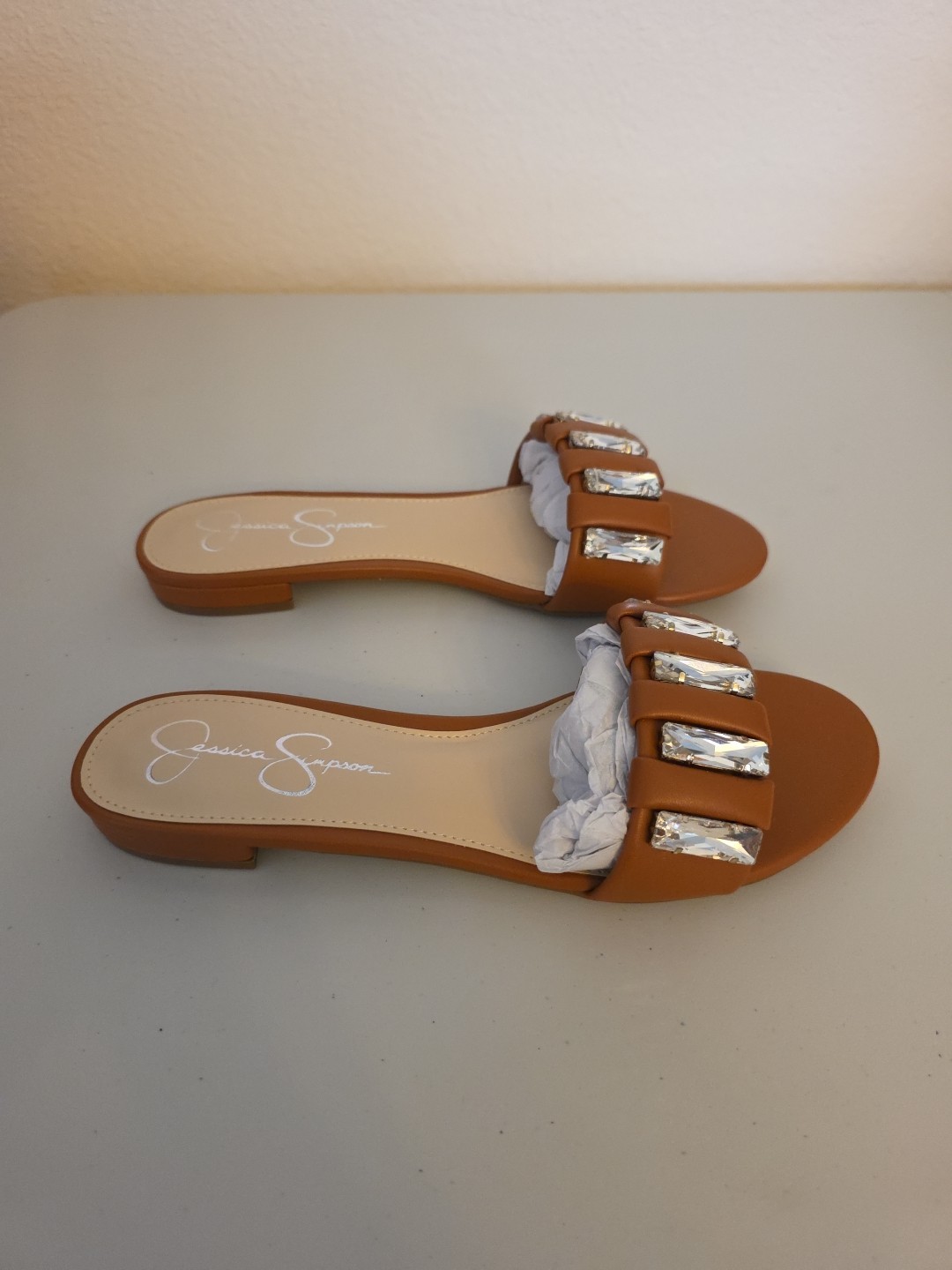 Jessica Simpson Amille Ginger Cookie Brown Italia Nappa Crystal Sandals – Size 8
