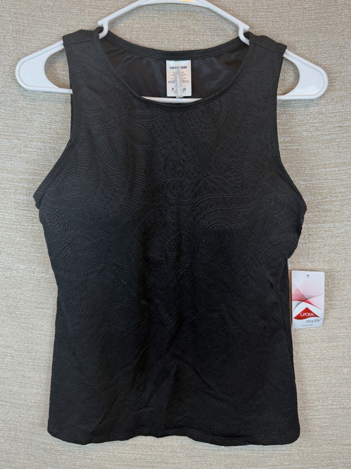 Lands End Black Tonal Paisley Jacquard UPF Tankini Swim Top Size 6 D NEW