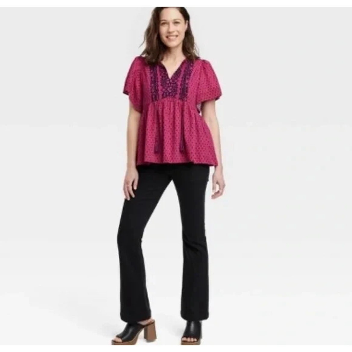 Knox Rose Embroidered Peasant Top Womens Medium Hot Pink & Black Boho Babydoll