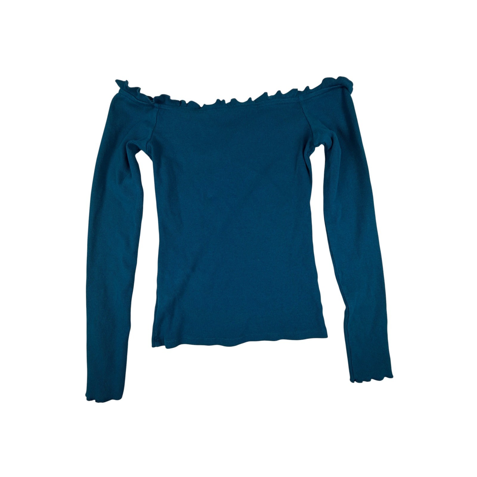 Aeropostale Teal Blue Ribbed Off Shoulder Ruffle V-Notch Long Sleeve Top Small