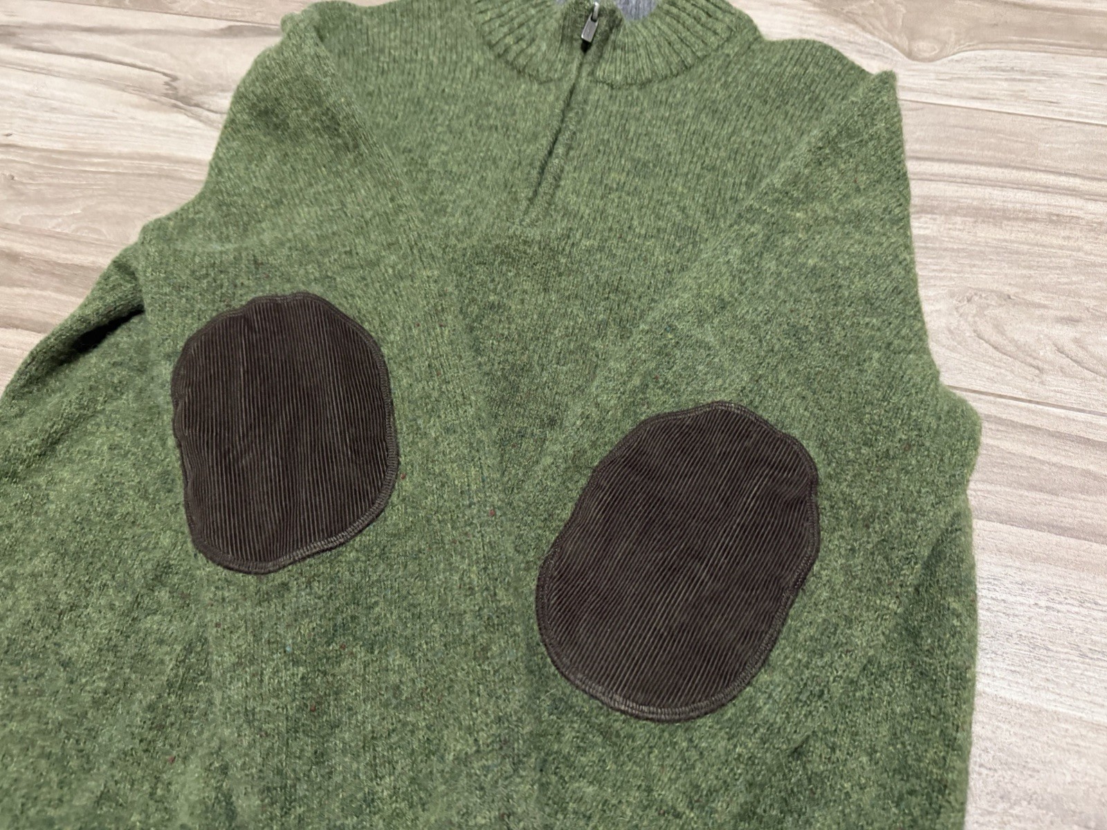 Size M – LL Bean Shetland Wool 1/4 Zip Ragg Sweater Elbow Patches Green #285327