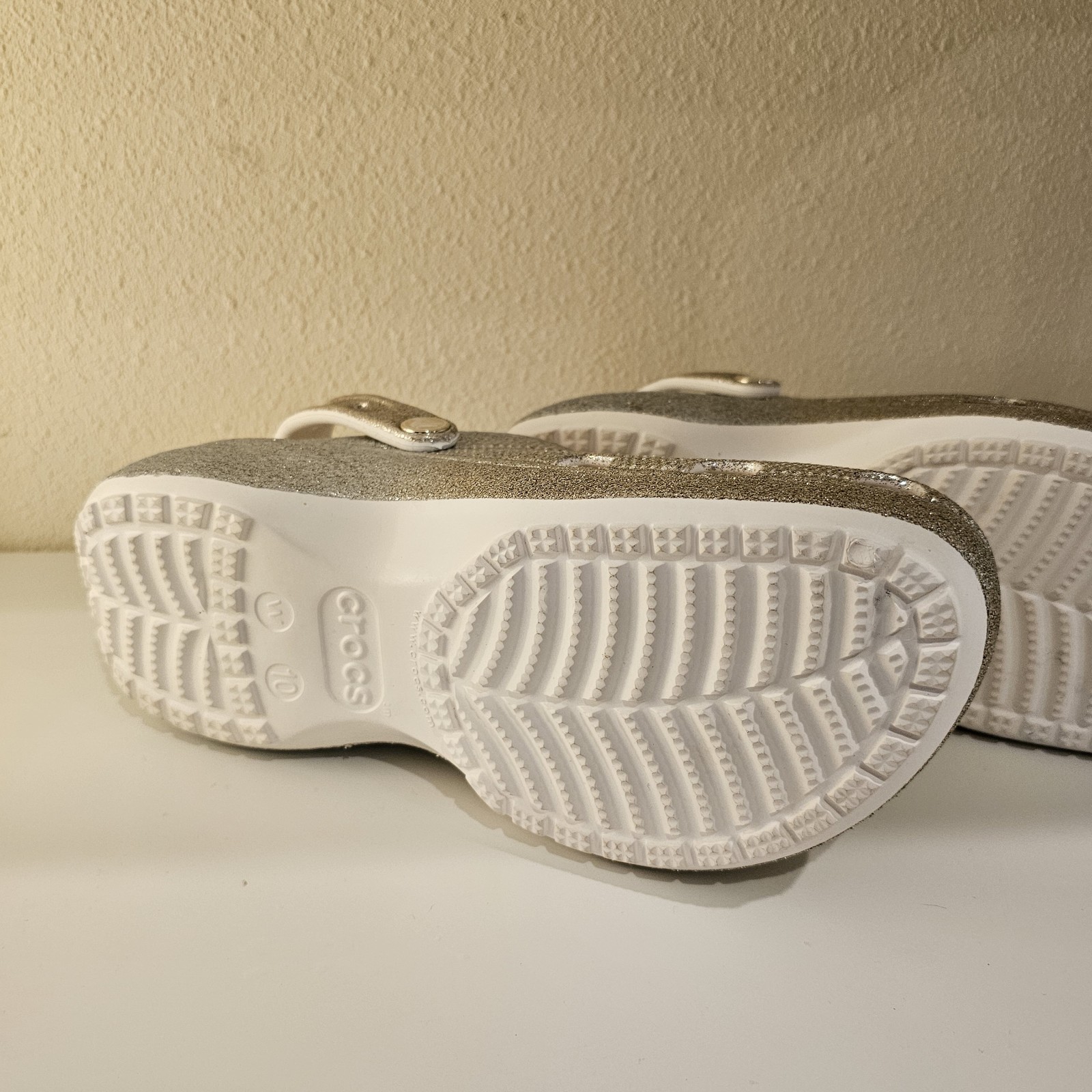 CROCS Classic Platform Silver Glitter Swivel Strap W Size 10 White Sole