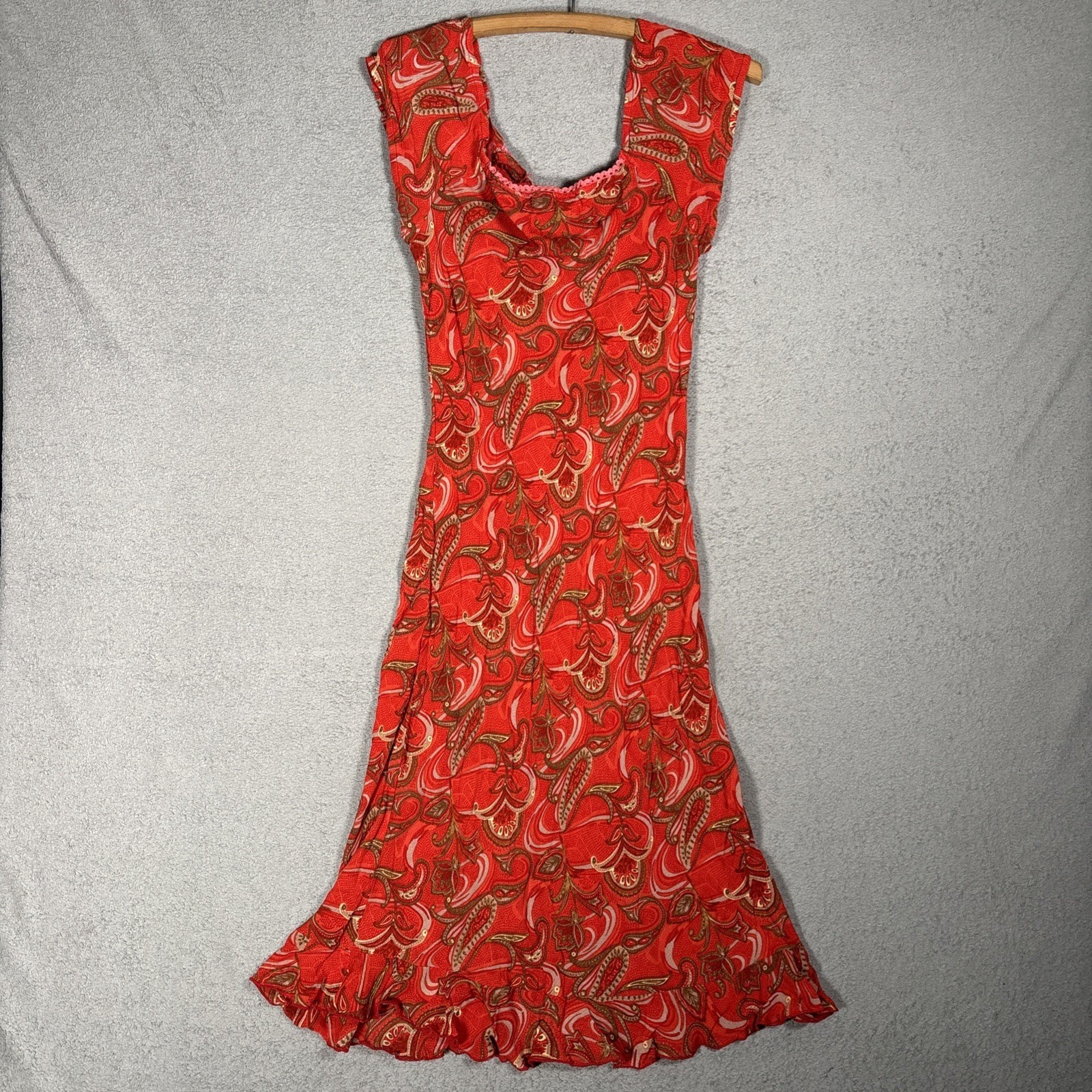 Rampage Vintage 90s Red Paisley Rayon Midi Dress Square Neck Ruffle Hem Fits XS