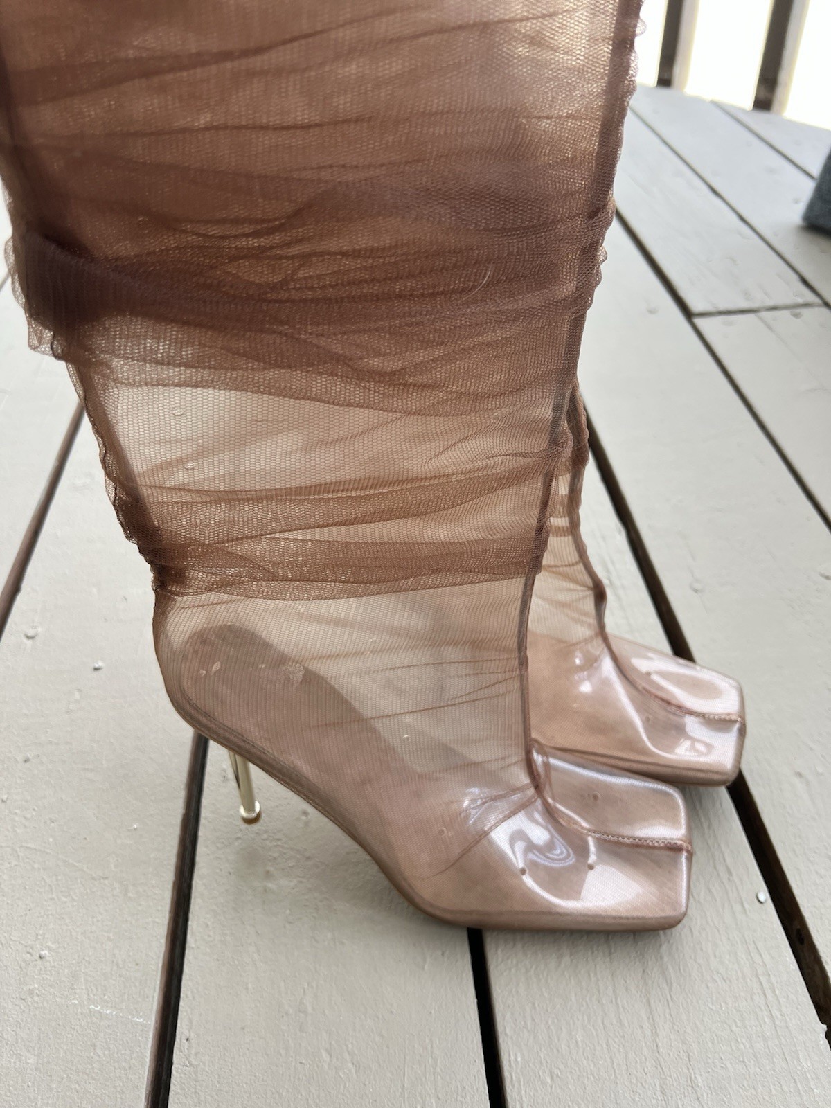 BFlyLA Knee High Brown; PVC, air holes, 4-inch gold heel, and brown mesh 10.5