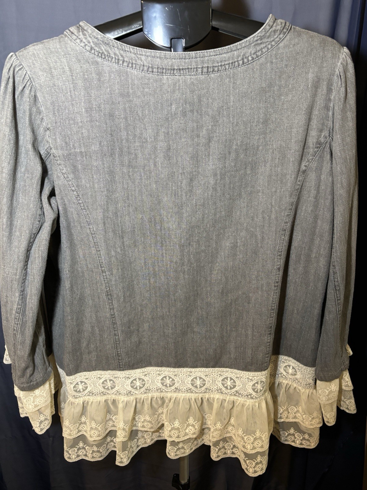 Gray Denim Lace Jacket With Scalloped Lace On Bottom Of Sleeves. Size M