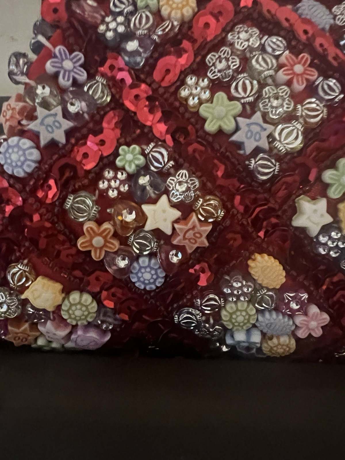 NEW Red Beaded Sequin Floral Lock Clutch satin Lined three lengths