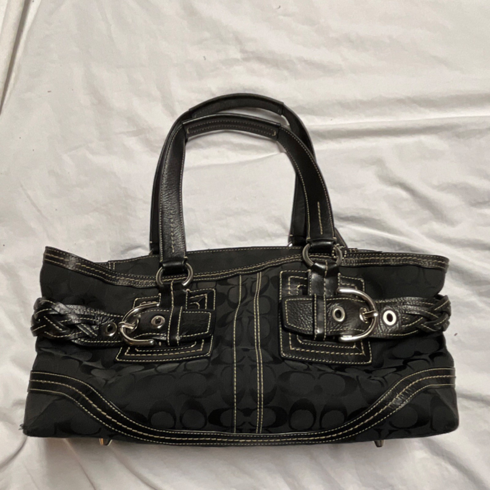 Coach Black Satchel Braided Buckle Accent Logo Zip Silver Hardware Inner Pockets