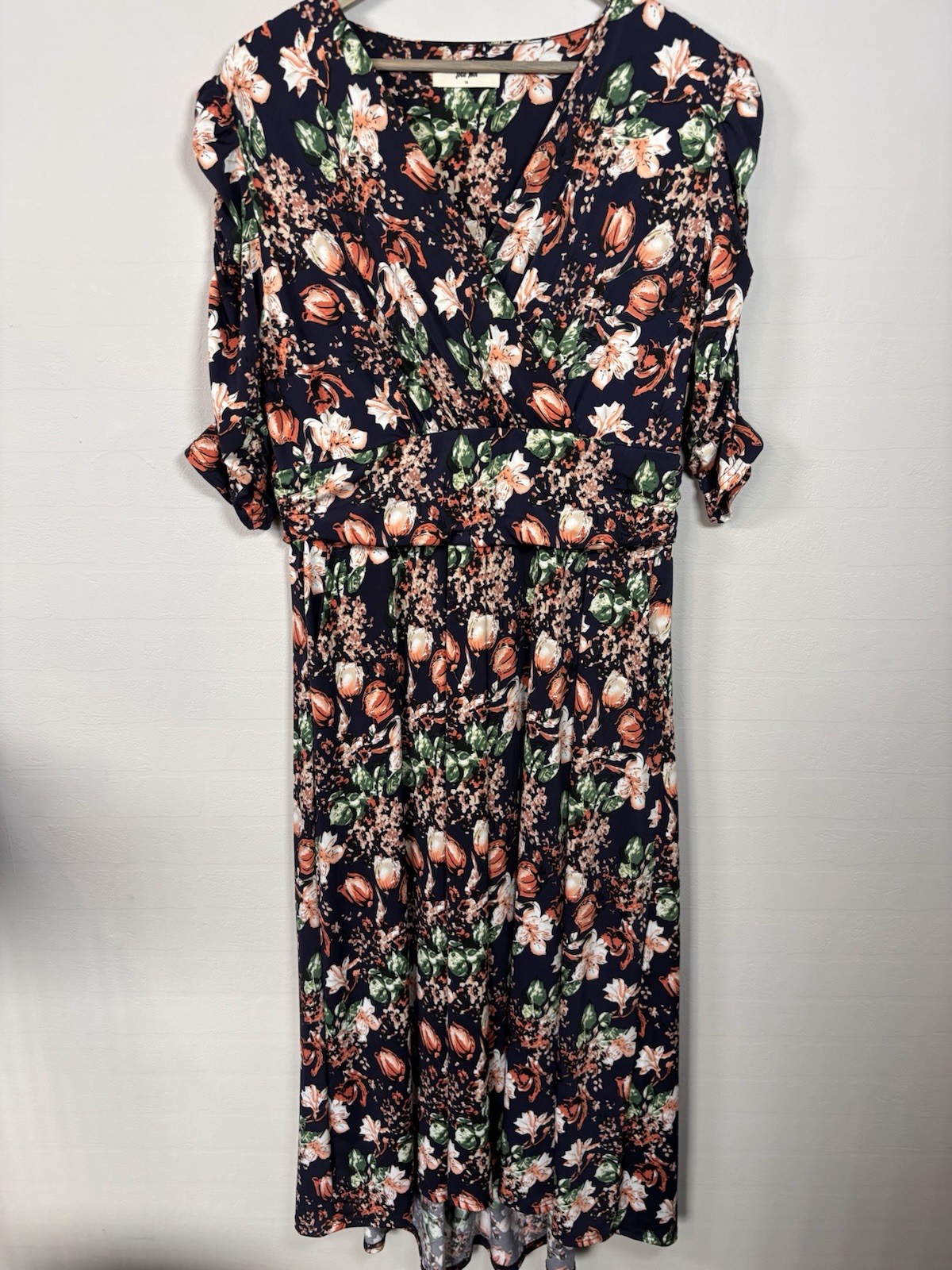 Jolie Moi Navy Orange Floral Maxi Dress Size 16 Faux Wrap Ruched Sleeve High Low