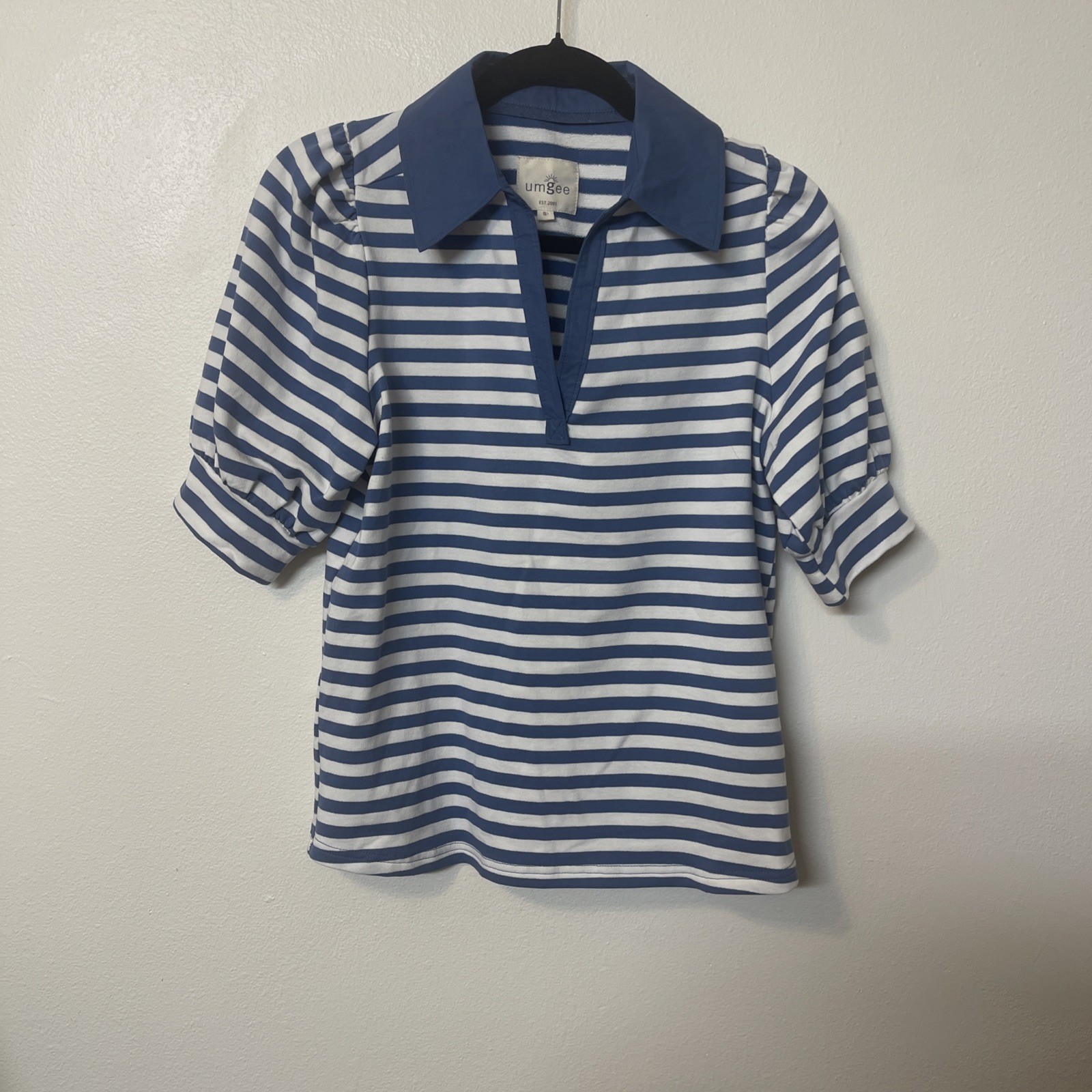 Umgee Branded Top with Blue and Horizontal Stripes with Solid Blue Collar Sz Sm