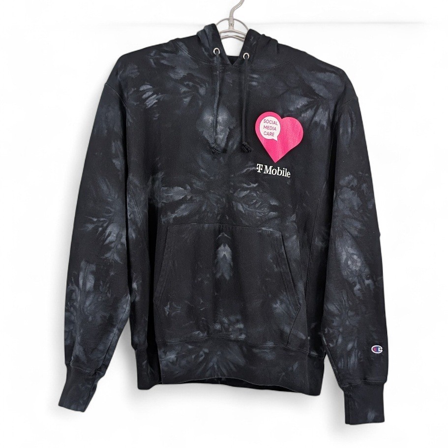 T-Mobile Champion Reverse Weave Hoodie Mens Large Black Tie Die Acid Wash