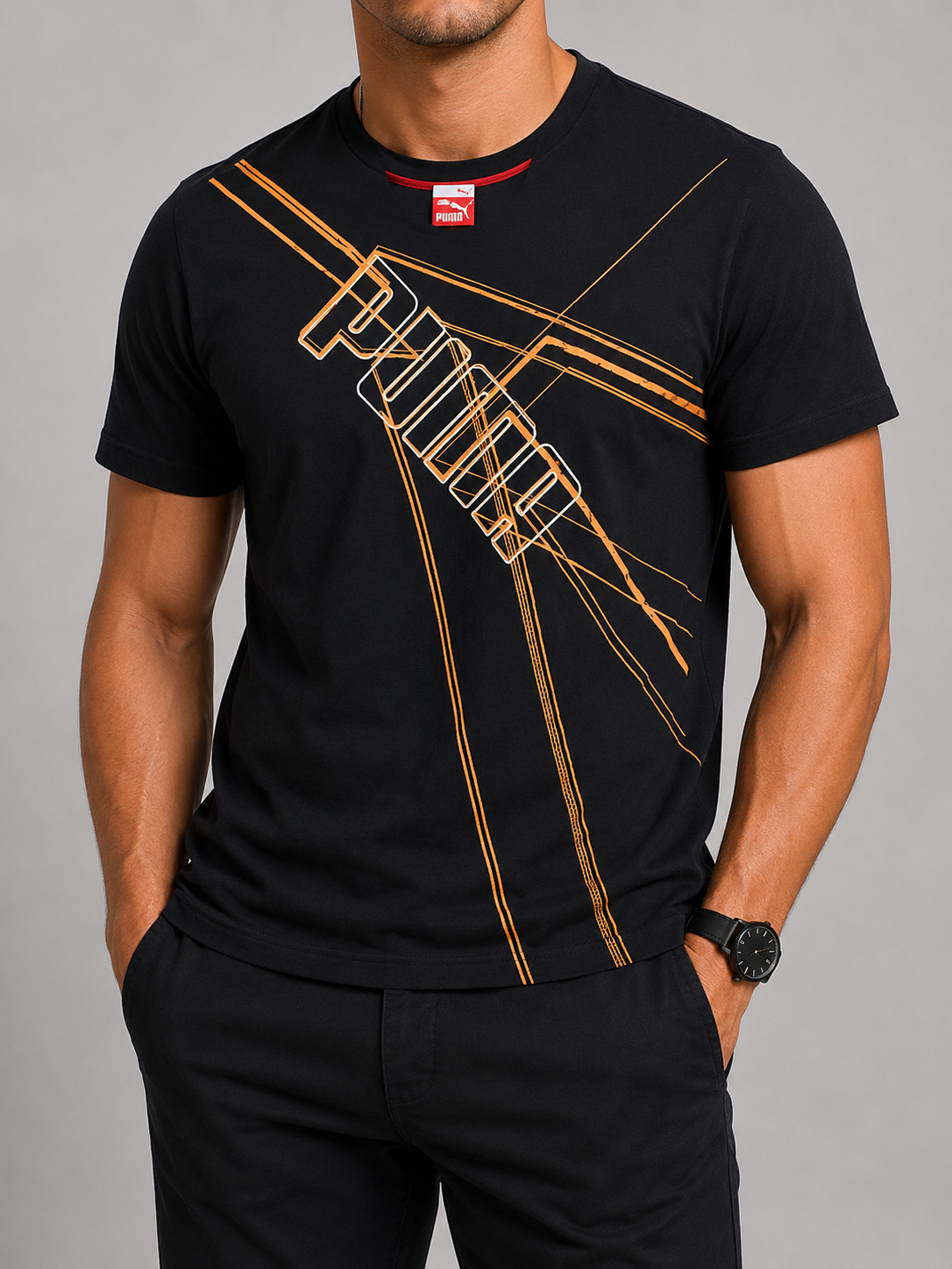 Puma Boys T-Shirt Black Sports Graphic Youth Size S Regular Cotton Crewneck