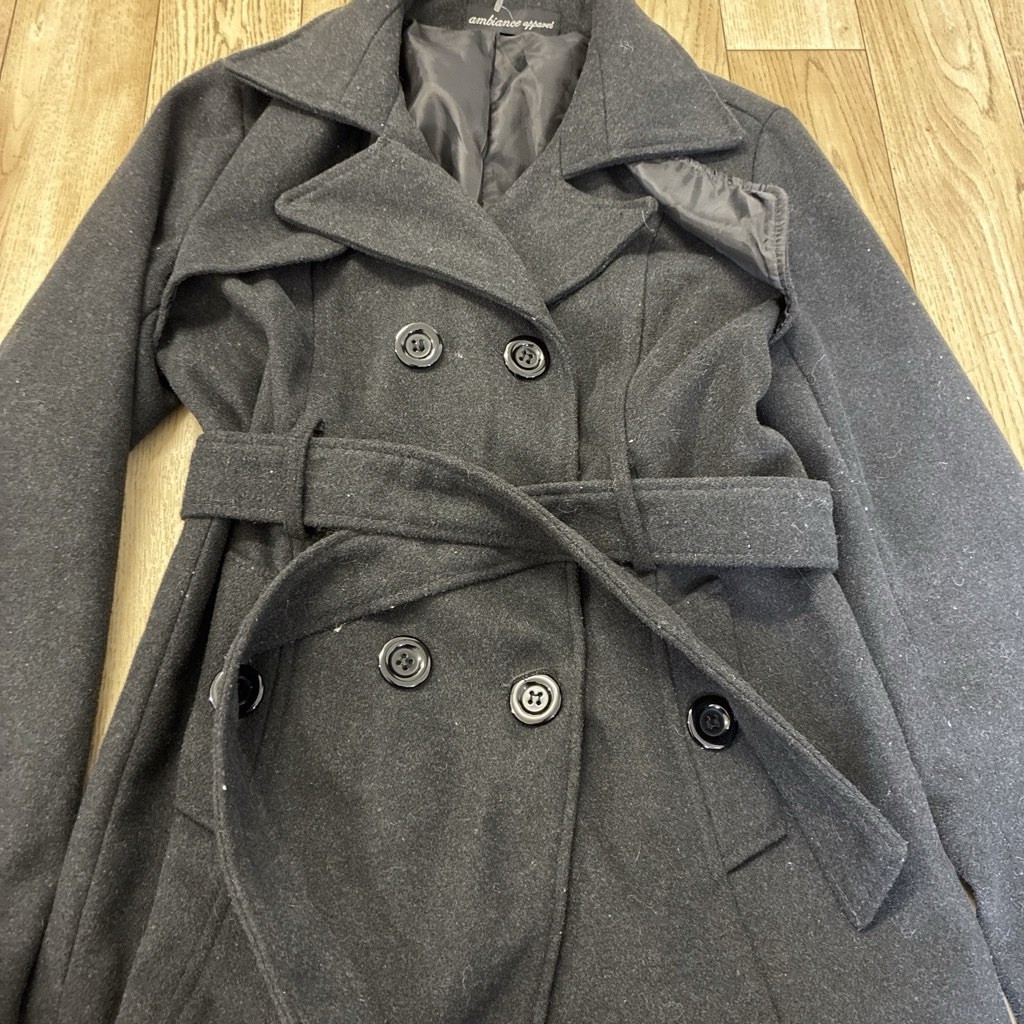Ambiance Apparel Juniors S Black Pea Coat Belted Lined Short Button Closure