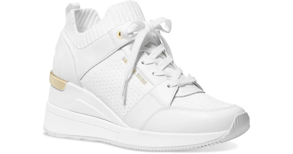 Michael KORS GEORGIE OPTIC WHITE KNIT GOLD MK LOGO WEDGE SNEAKERS I LOVE SHOES