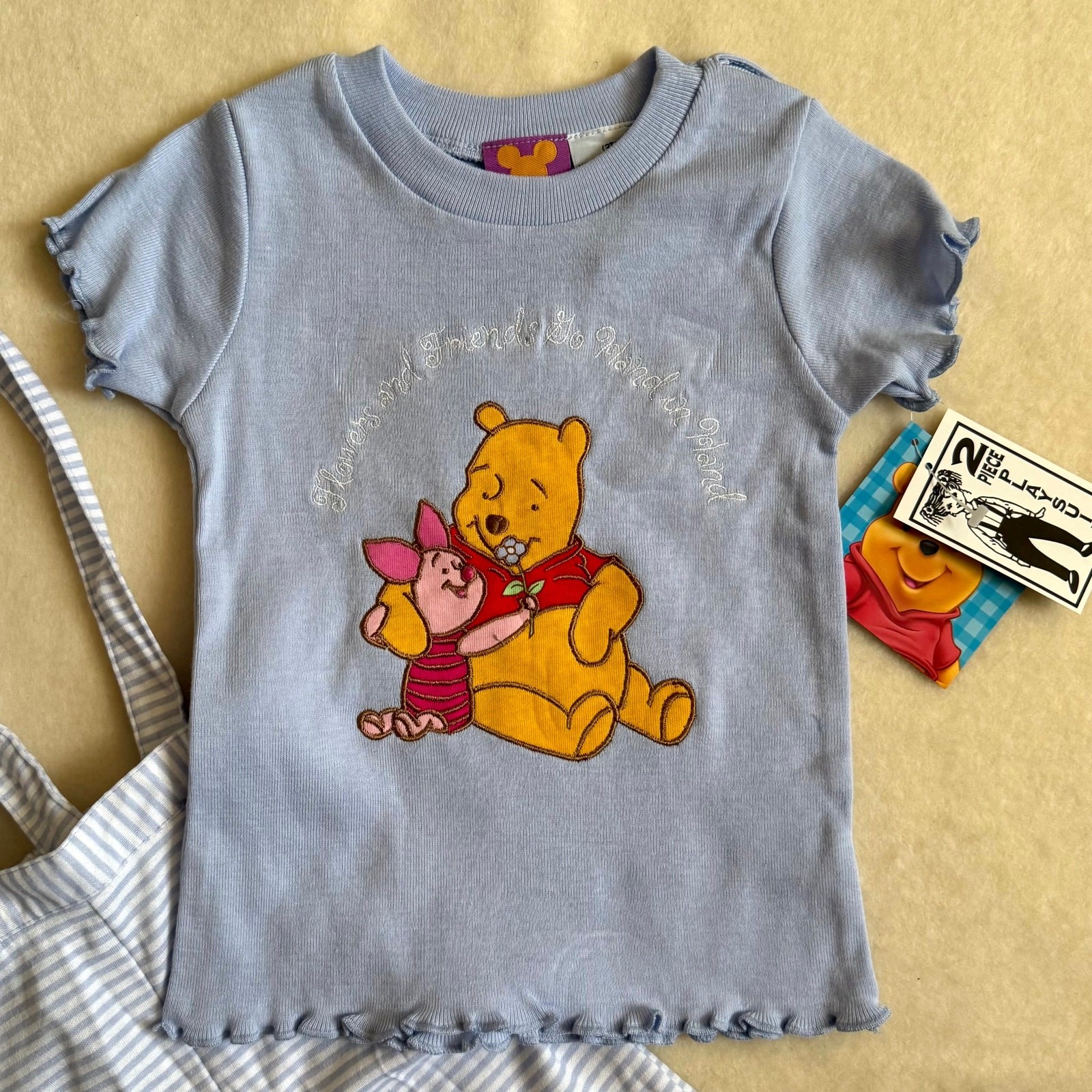 Vintage 90s Disney Winnie the Pooh Overalls Set Girls Size 2T Blue White Piglet