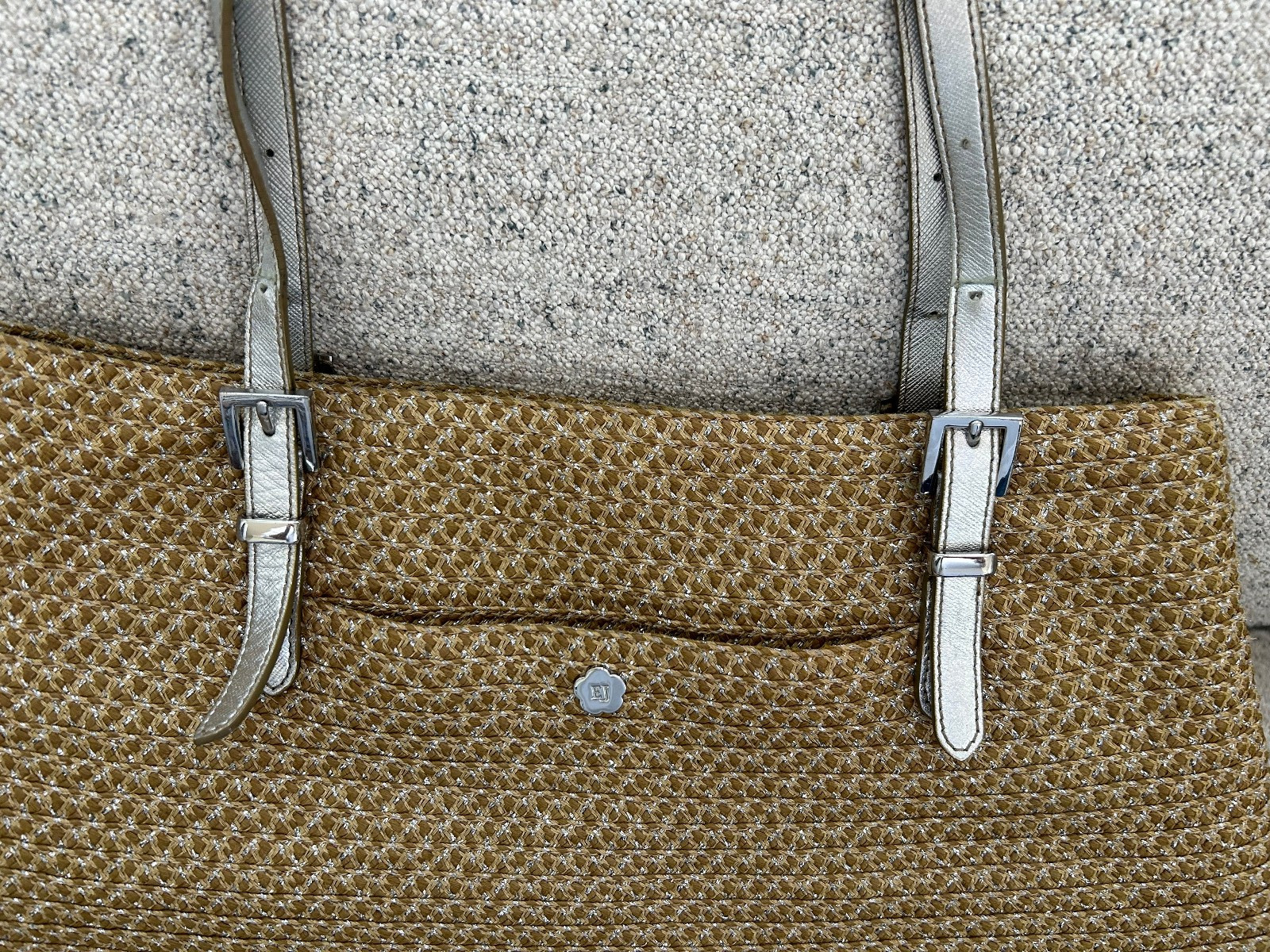 ERIC JAVITS Straw Shoulder Bag Pewter Leather Trim Silver Hardware Vary Clean EJ