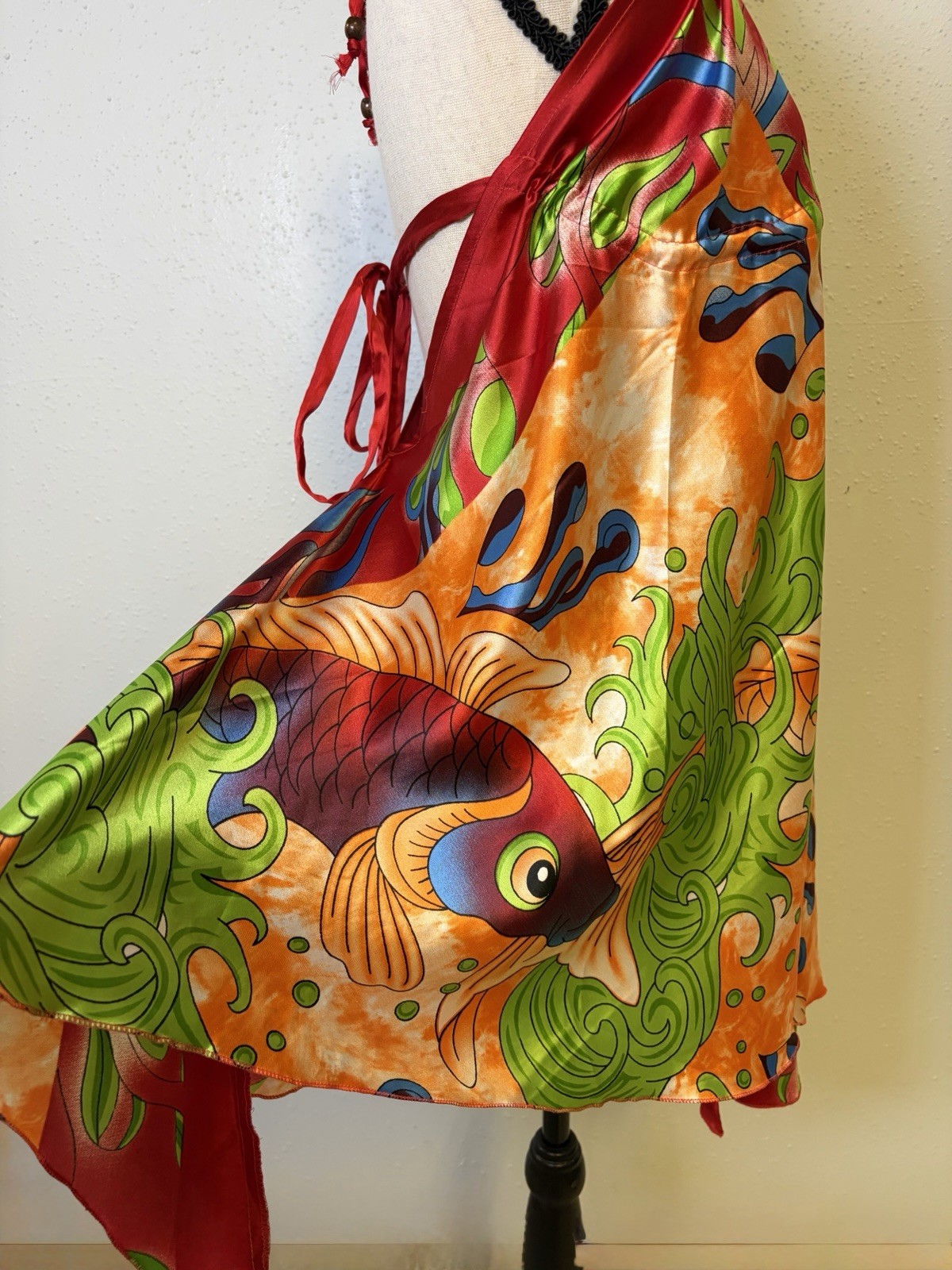 India Boutique Vibrant Flowy Koi Fish Print Halter Mini Dress One Sz Bohemian