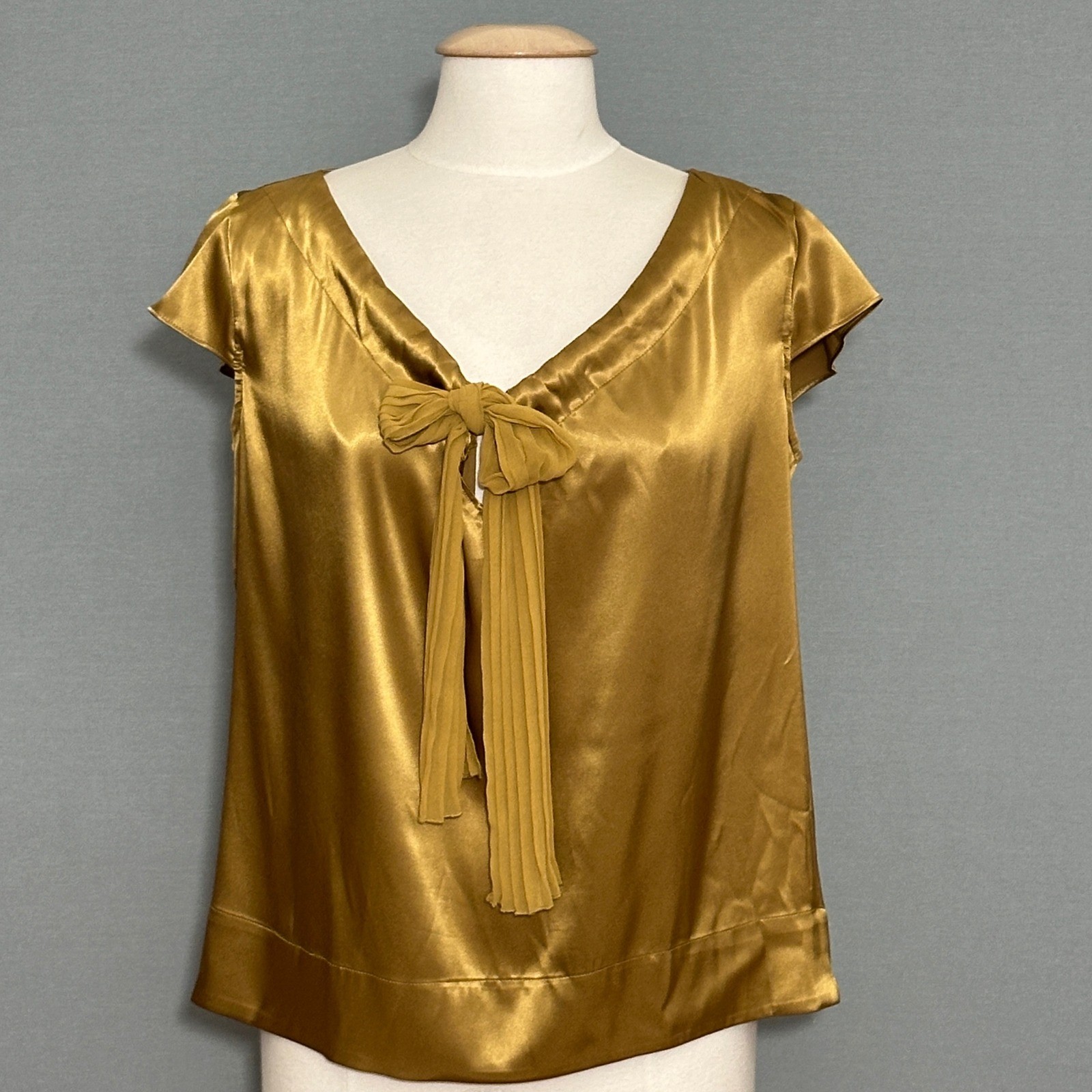 NY&C Womens Top M Gold Satin Chiffon Tie Feminine Coquette Regency Elegant Party