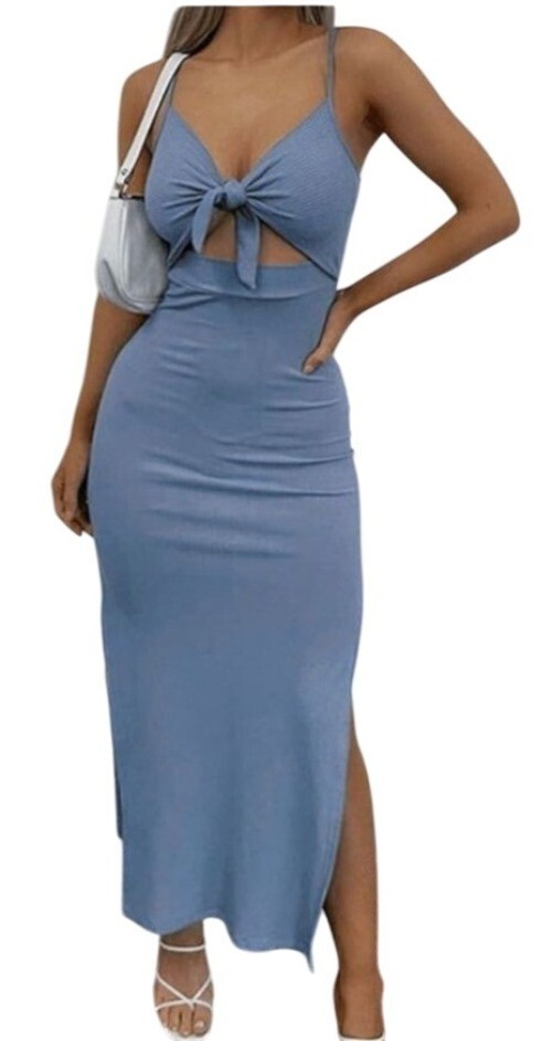 Lyaner Womens Blue Bodycon Tie Knot Cutout Maxi Dress Size Large Side Split