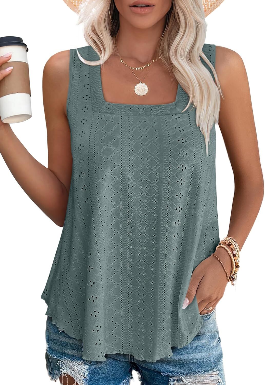 Womens Square Neck Tank Top Sleeveless Loose Fit Casual Summer Beach Vacation